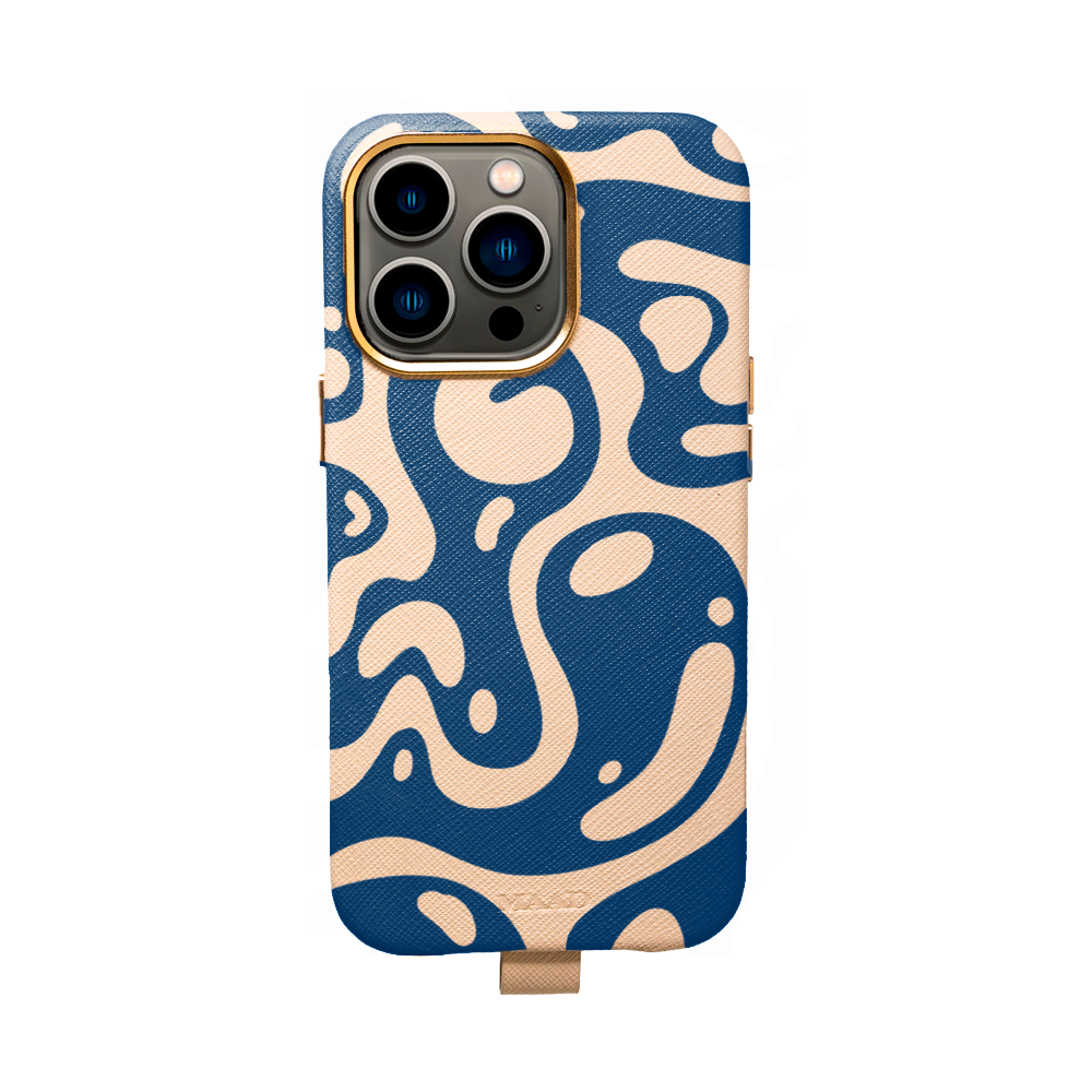 MAAD Full Wrapped Liquid Blue iPhone 13 Pro case made of vegan saffiano leather with gold pleated edges, showcasing personalization options.