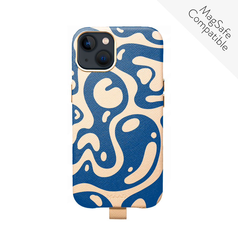 MAAD Full Wrapped Liquid Blue iPhone 13 case made of vegan saffiano leather with gold pleated edges, showcasing its sleek design and personalization options.