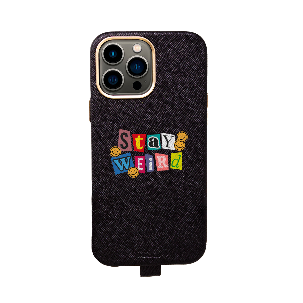 MAAD Full Wrapped Stay Weird iPhone 13 Pro Max case in vegan saffiano leather with gold pleated edges, showcasing personalization options.