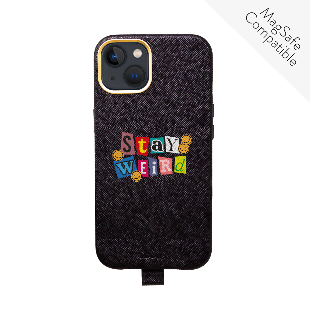 MAAD Full Wrapped Stay Weird iPhone 13 case in vegan saffiano leather with gold pleated edges, showcasing personalization options.