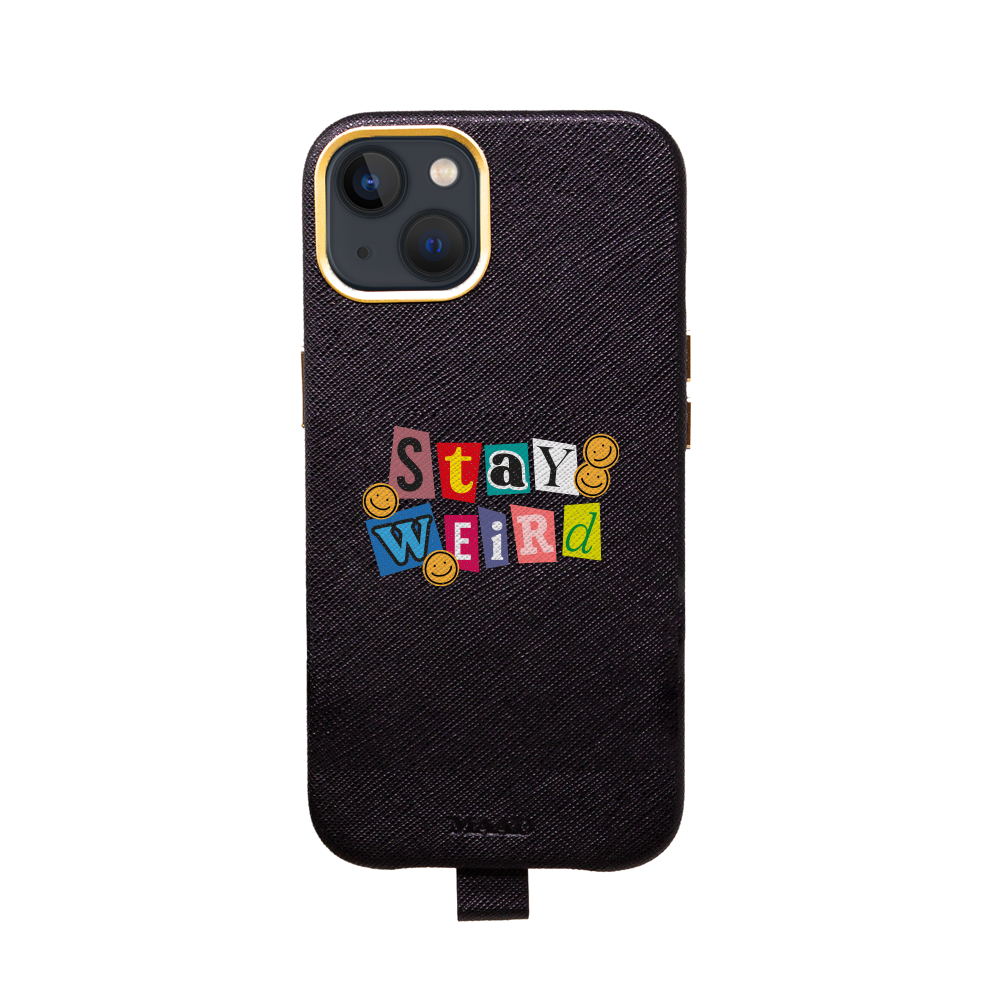 MAAD Full Wrapped Stay Weird iPhone 13 case in vegan saffiano leather with gold pleated edges, showcasing personalization options.