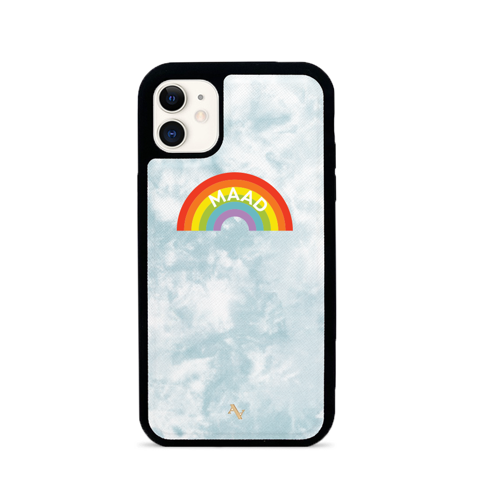 MAAD Fun Tie Dye iPhone 11 Case featuring vibrant tie-dye patterns and genuine saffiano leather with a soft rubber rim.