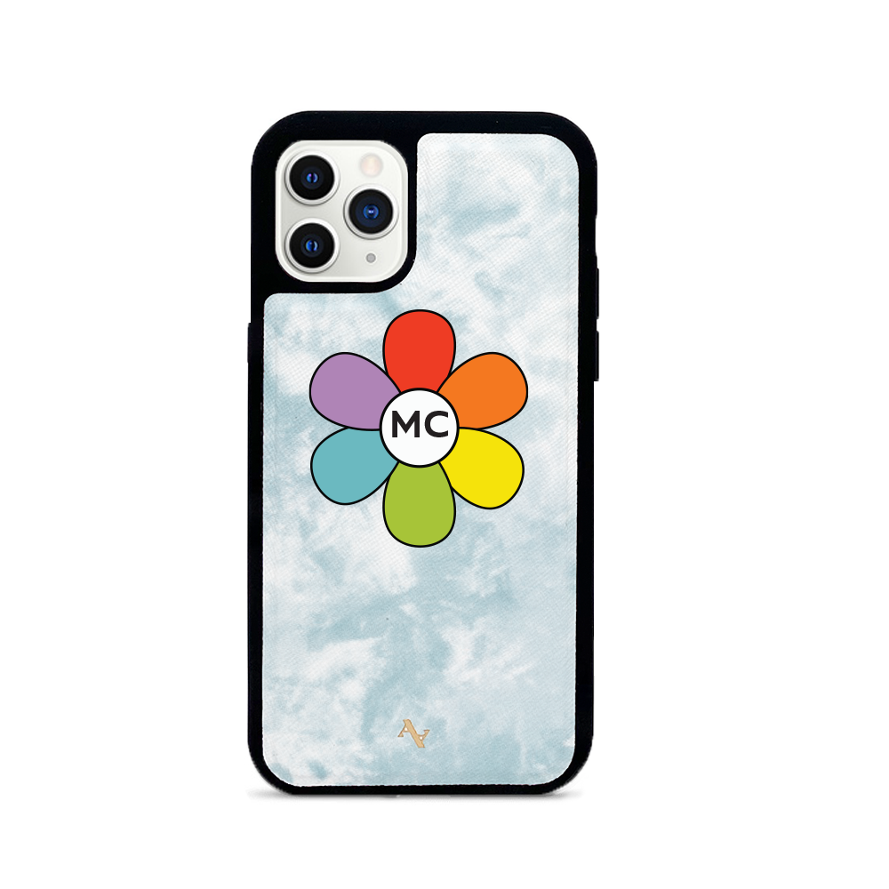 MAAD Fun Tie Dye iPhone 11 Pro Case featuring vibrant tie-dye patterns and genuine saffiano leather with a soft rubber rim.