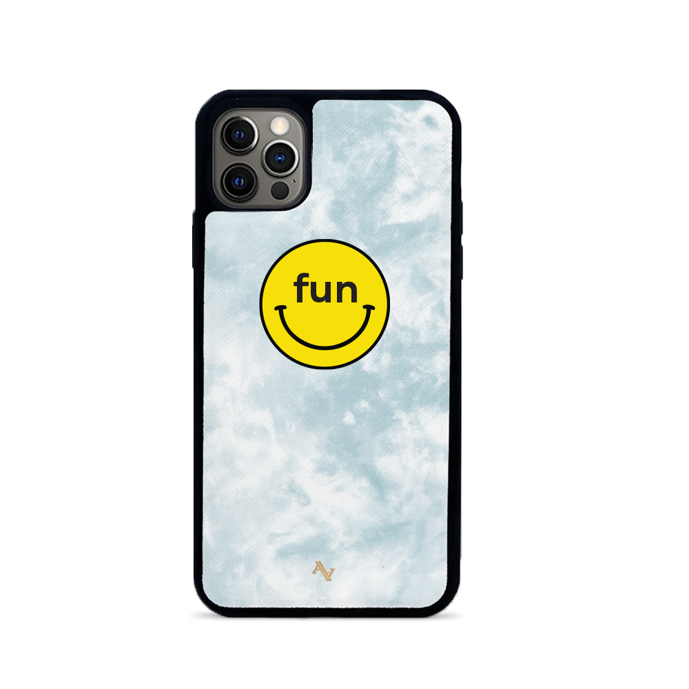 MAAD Fun Tie Dye iPhone 12 Pro Case featuring vibrant tie-dye patterns and genuine saffiano leather with a soft rubber rim.