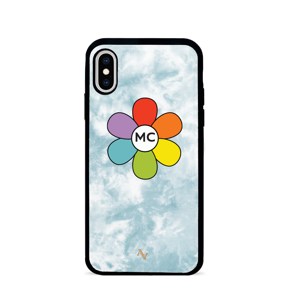 MAAD Fun Tie Dye iPhone X/XS Case made of genuine saffiano leather with a colorful tie-dye pattern and soft rubber edges for protection.