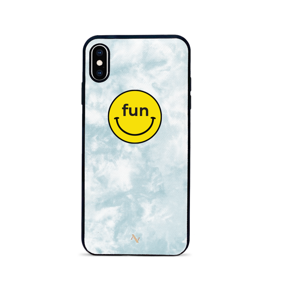 MAAD Fun Tie Dye iPhone XS MAX Case featuring vibrant colors and genuine saffiano leather with a soft rubber rim.