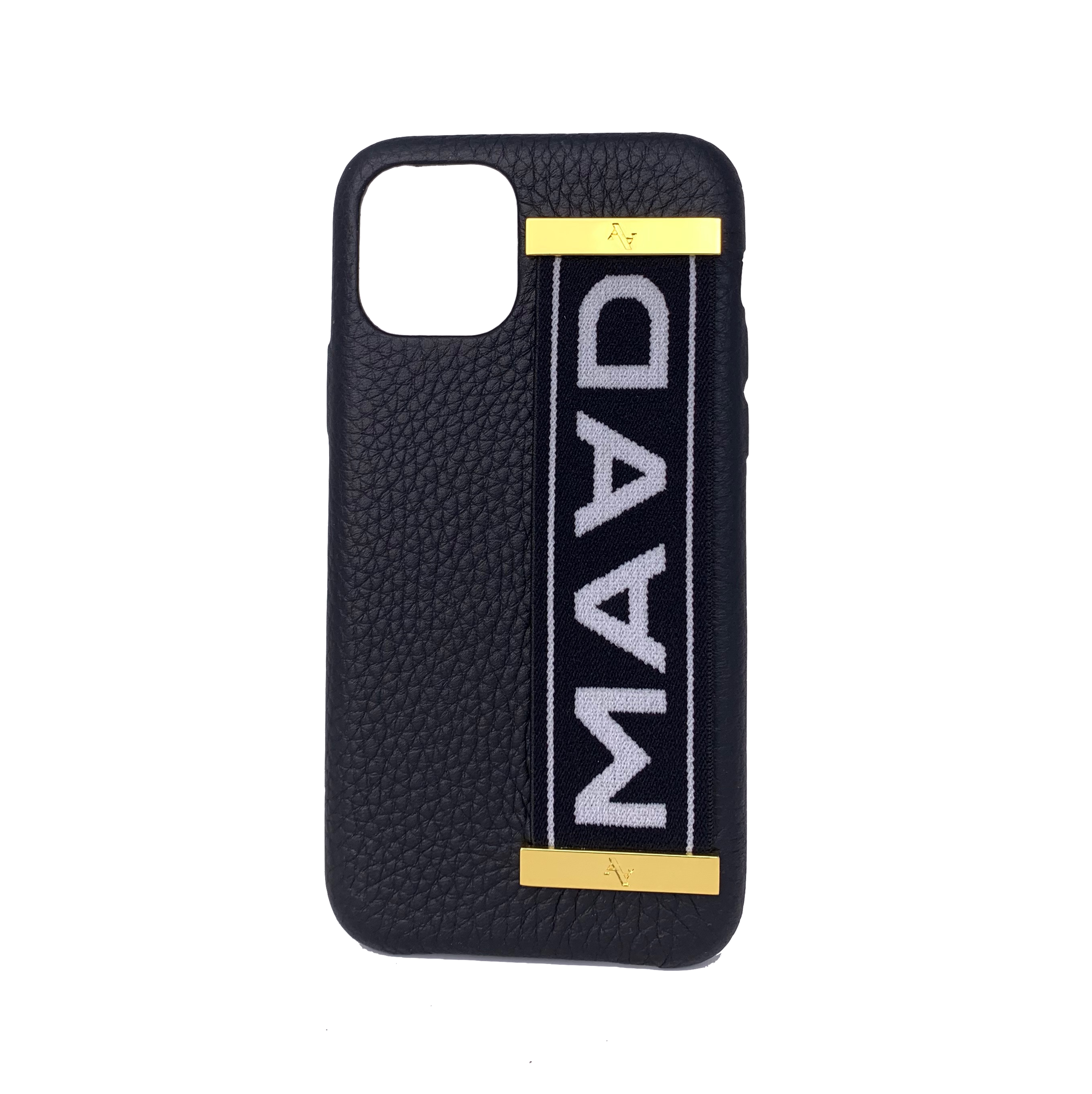 MAAD LVR Black iPhone 11 Pro Case featuring genuine pebble leather and a red elastic strap for secure carrying.