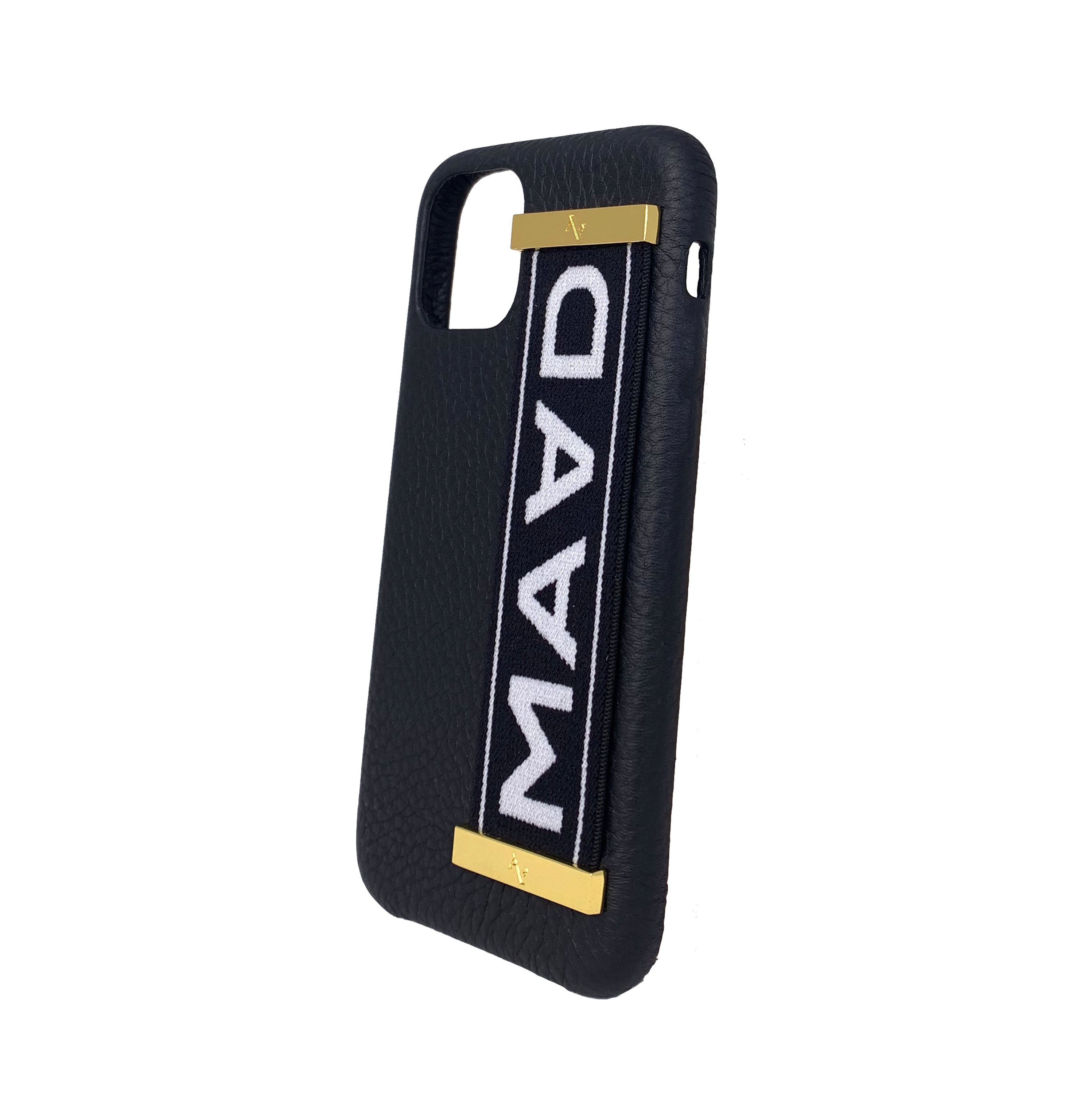 MAAD LVR Black iPhone 11 Pro Case featuring genuine pebble leather and a red elastic strap for secure carrying.