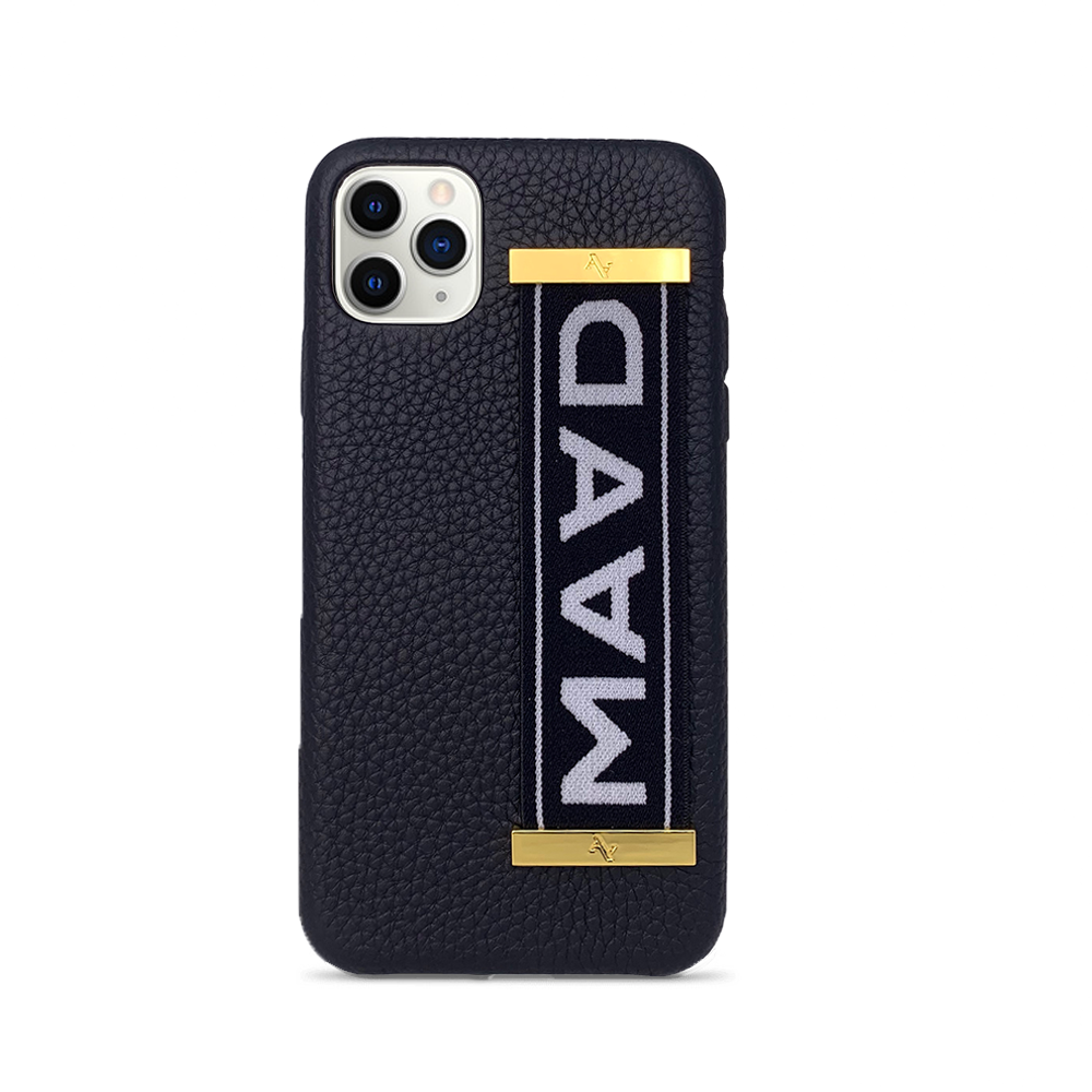 MAAD LVR Black iPhone 11 Pro Max Case made of genuine pebble leather with an elastic strap, featuring a stylish black and red design.