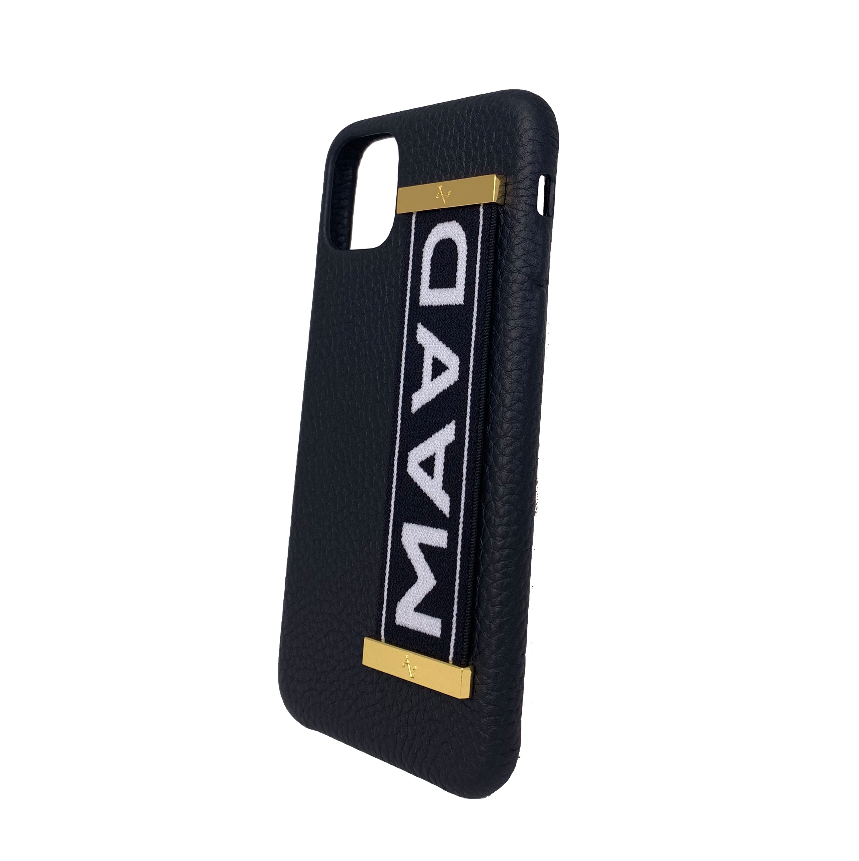 MAAD LVR Black iPhone 11 Pro Max Case made of genuine pebble leather with an elastic strap, featuring a stylish black and red design.