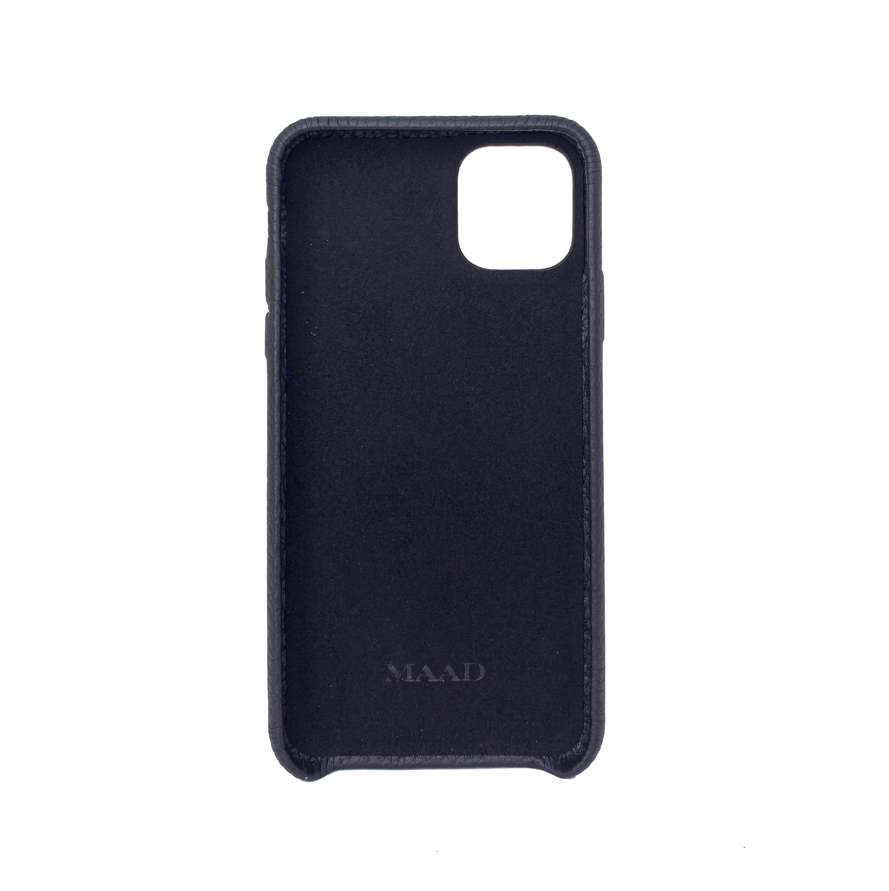 MAAD LVR Black iPhone 11 Pro Max Case made of genuine pebble leather with an elastic strap, featuring a stylish black and red design.