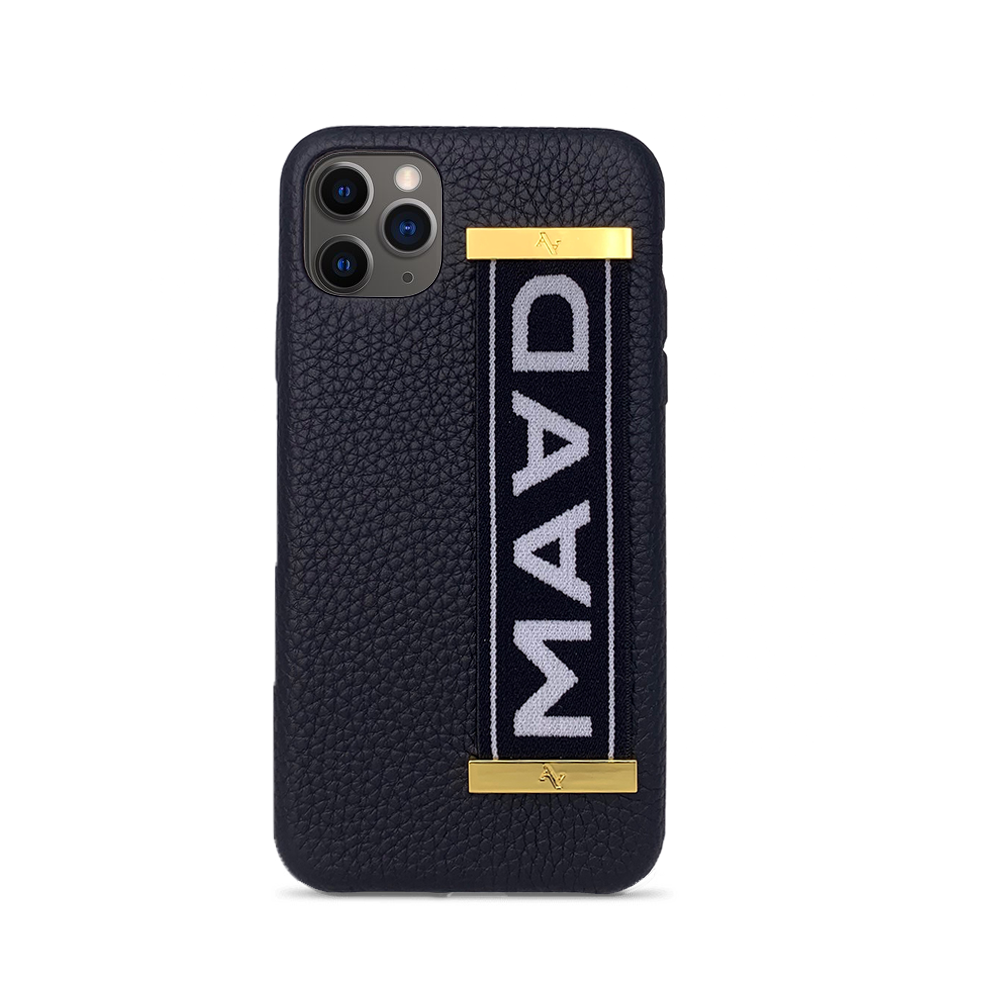 MAAD LVR Black iPhone 11 Pro Max Case made of genuine pebble leather with an elastic strap, featuring a stylish black and red design.