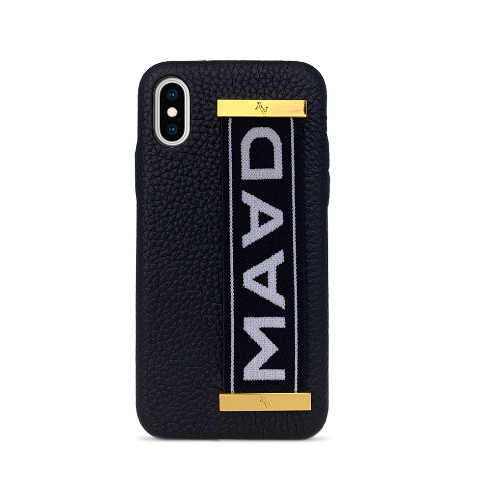 MAAD LVR Black iPhone X/XS Case made of genuine pebble leather with an elastic strap, featuring a stylish black and red design.