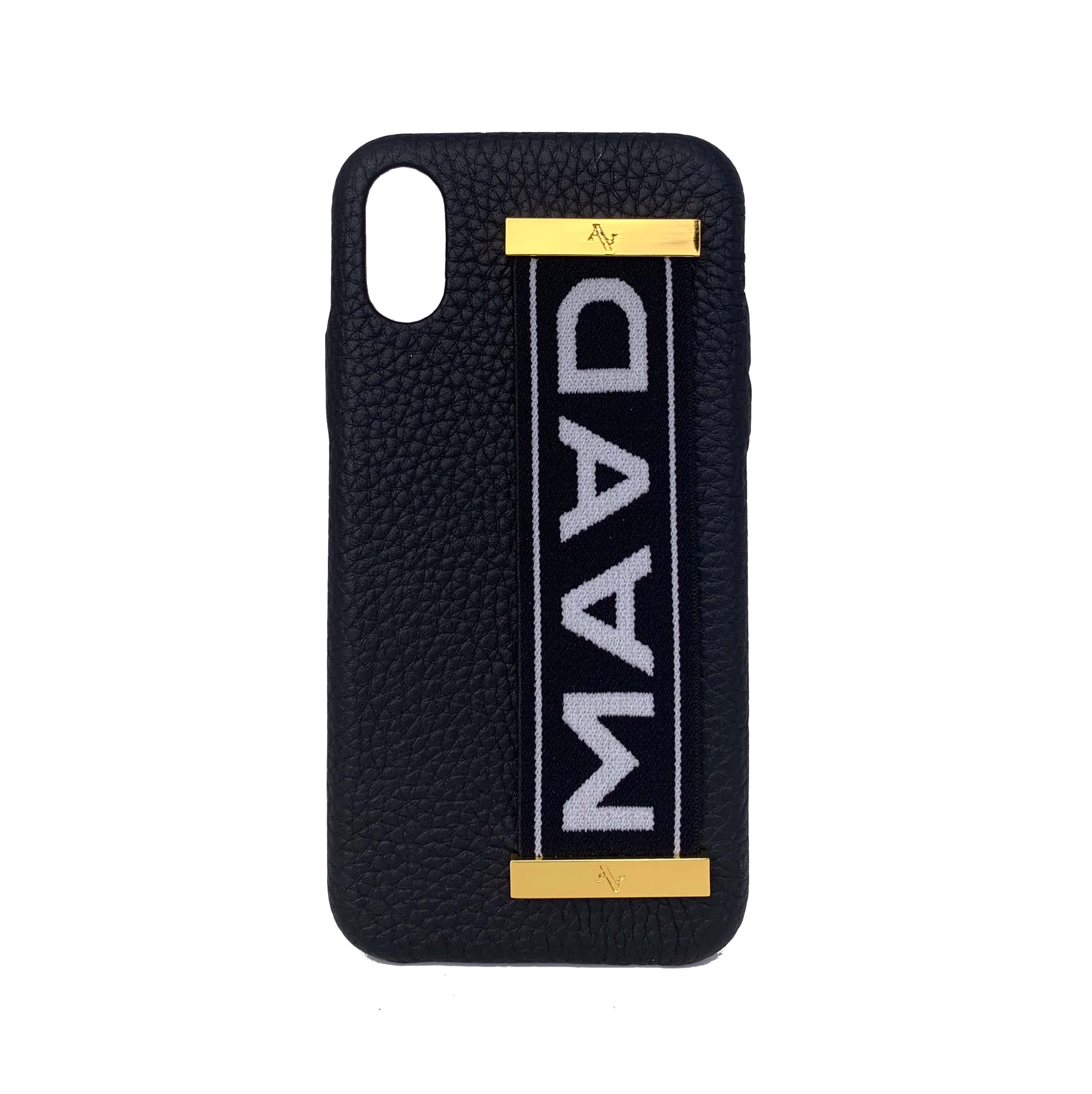 MAAD LVR Black iPhone X/XS Case made of genuine pebble leather with an elastic strap, featuring a stylish black and red design.