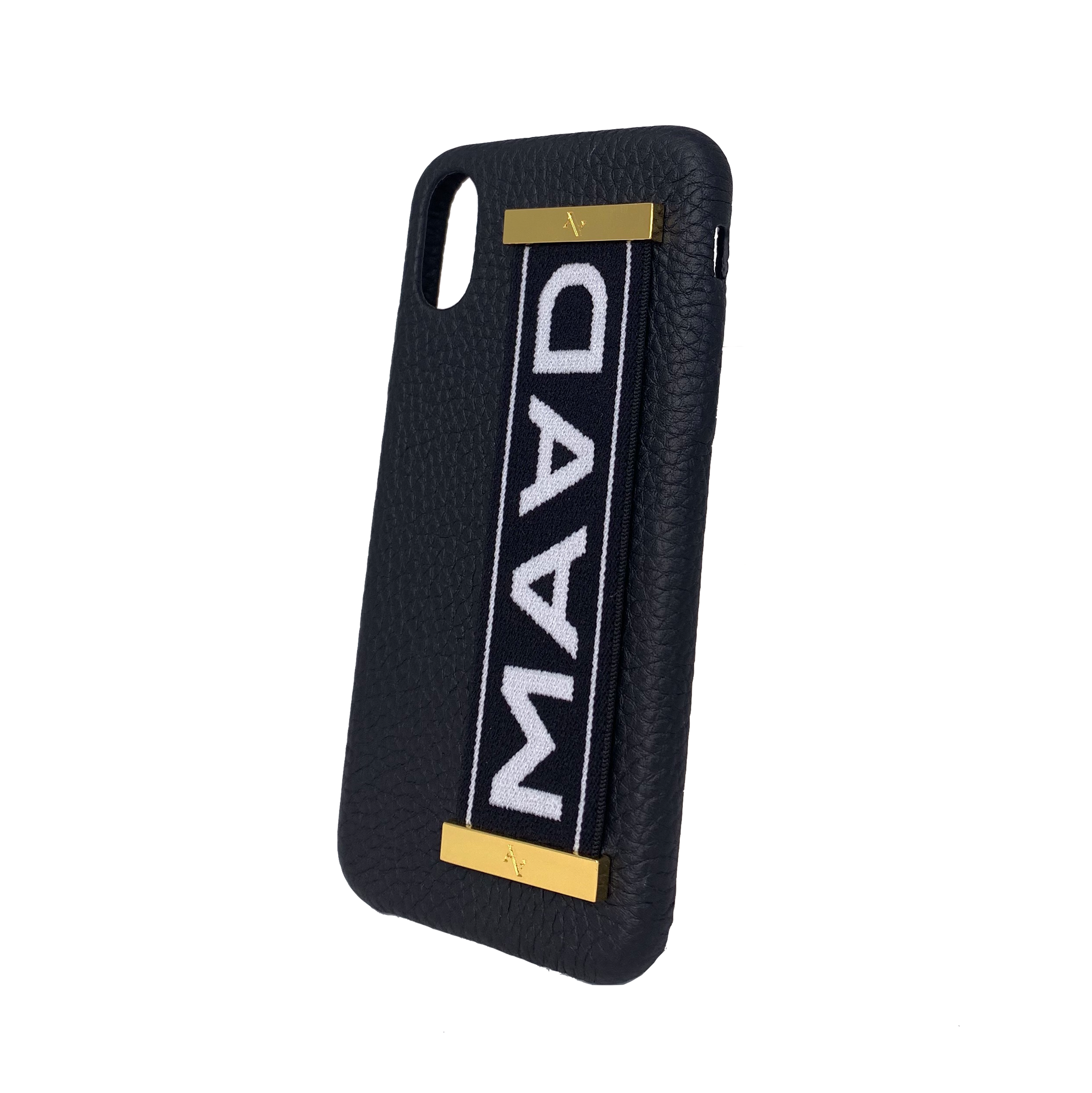 MAAD LVR Black iPhone X/XS Case made of genuine pebble leather with an elastic strap, featuring a stylish black and red design.