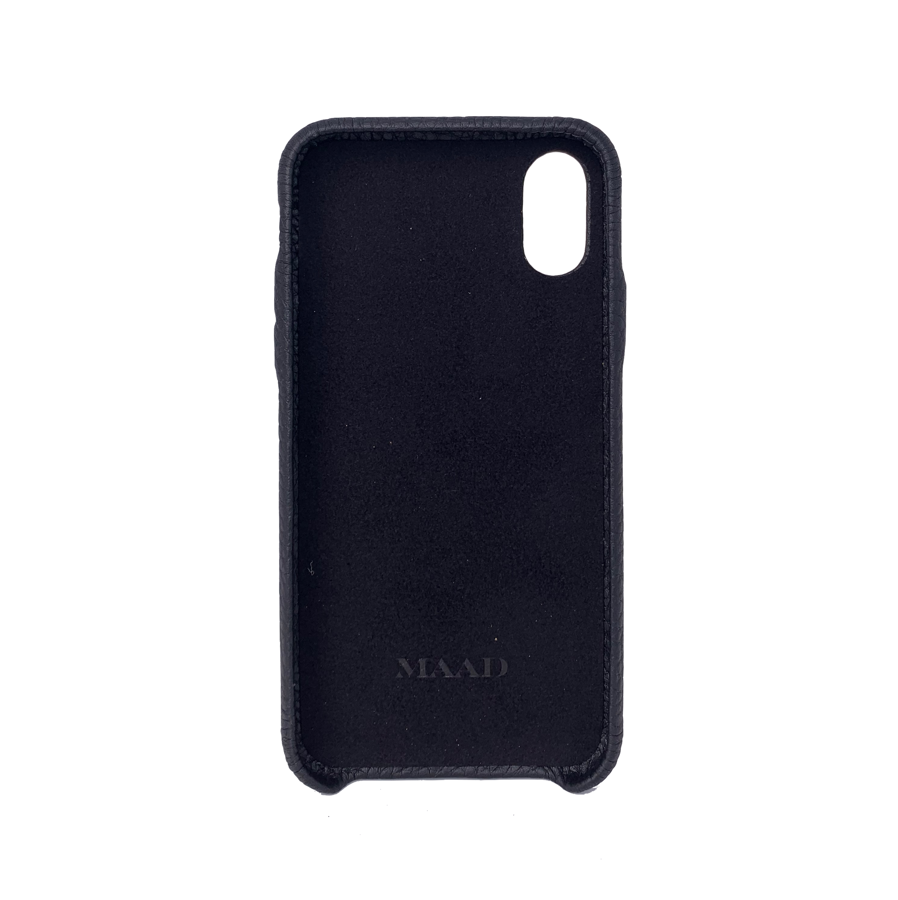 MAAD LVR Black iPhone X/XS Case made of genuine pebble leather with an elastic strap, featuring a stylish black and red design.