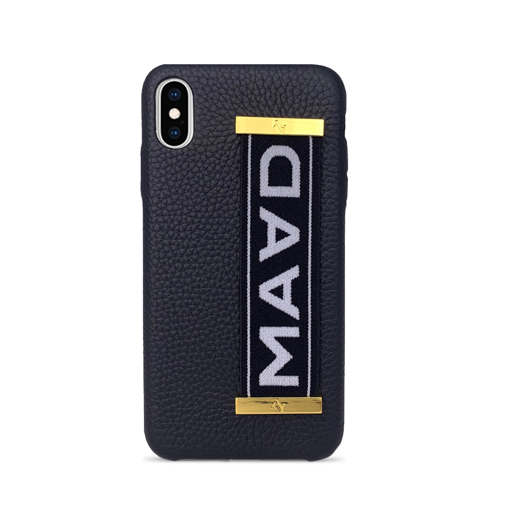 MAAD LVR Black iPhone XS MAX Case made of genuine pebble leather with an elastic strap, featuring a stylish black and red design.