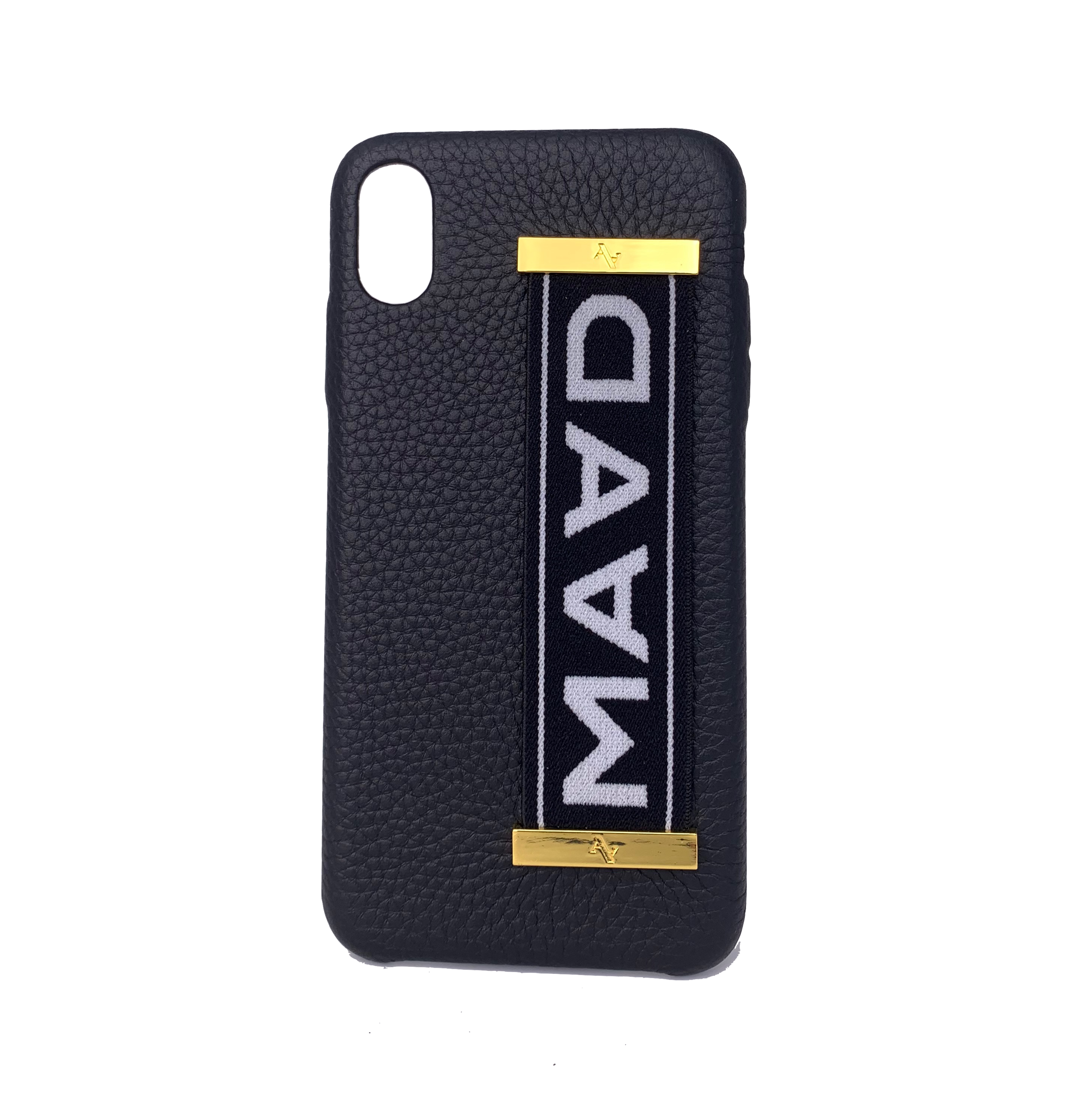 MAAD LVR Black iPhone XS MAX Case made of genuine pebble leather with an elastic strap, featuring a stylish black and red design.