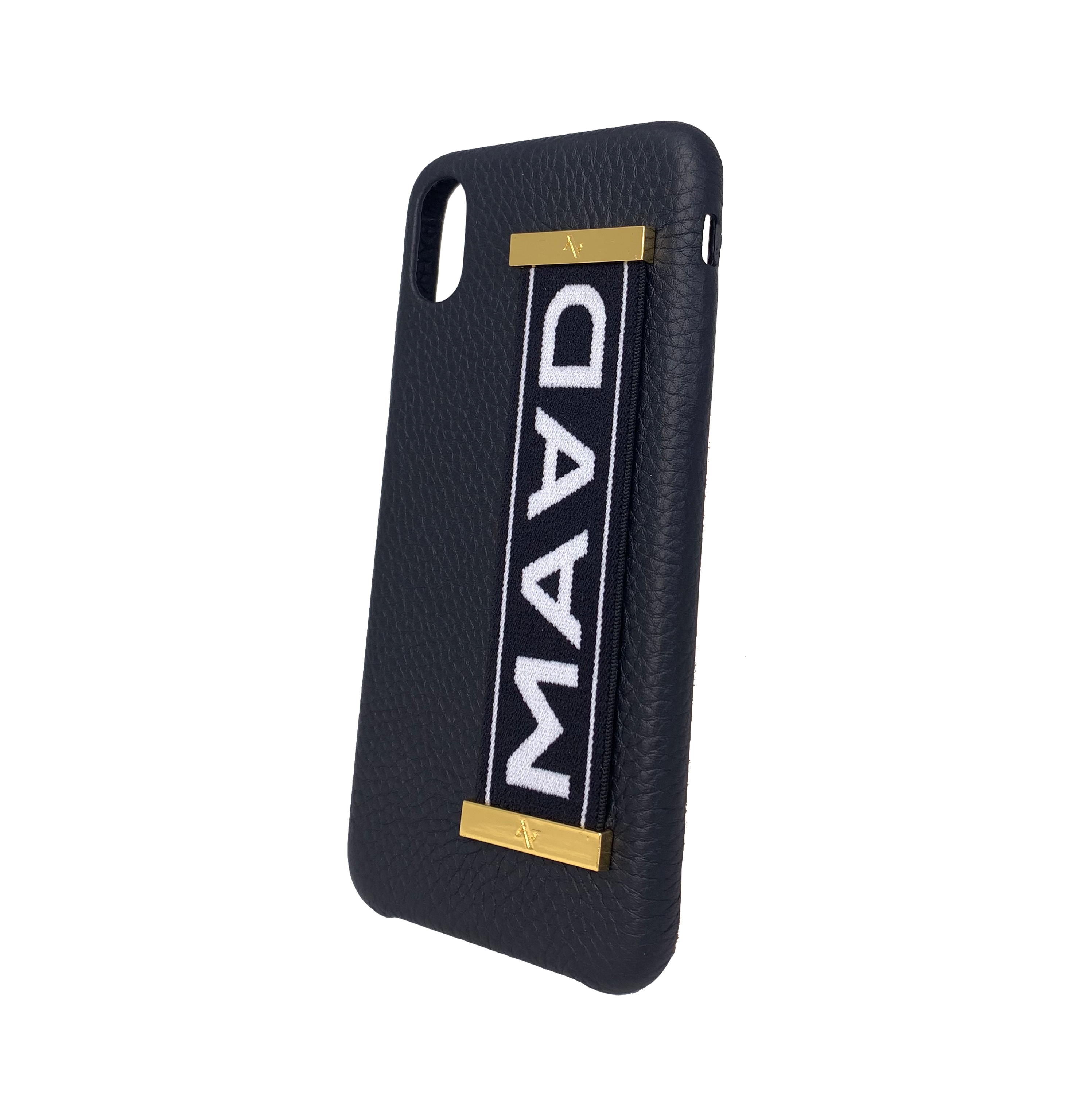 MAAD LVR Black iPhone XS MAX Case made of genuine pebble leather with an elastic strap, featuring a stylish black and red design.