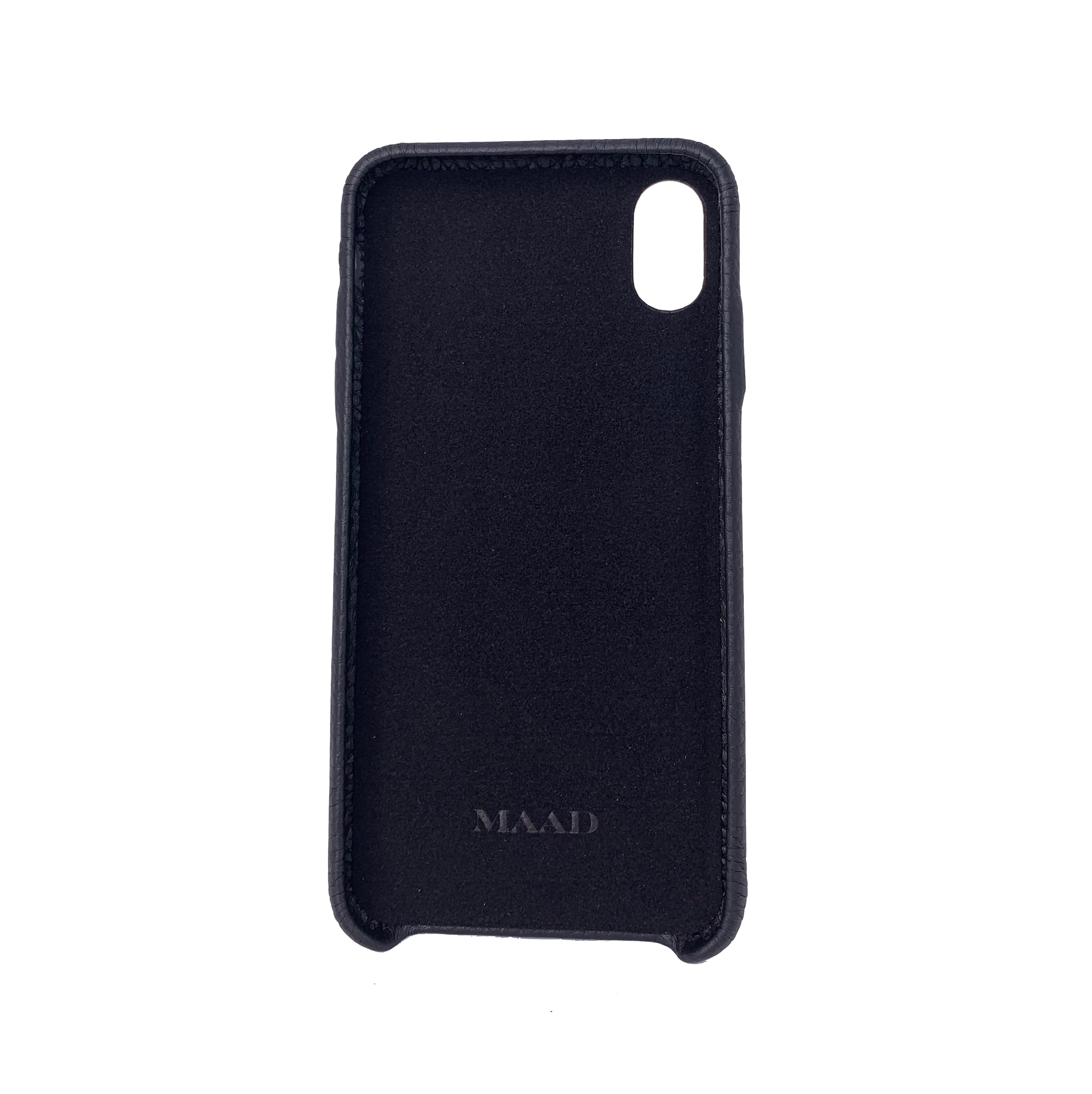 MAAD LVR Black iPhone XS MAX Case made of genuine pebble leather with an elastic strap, featuring a stylish black and red design.