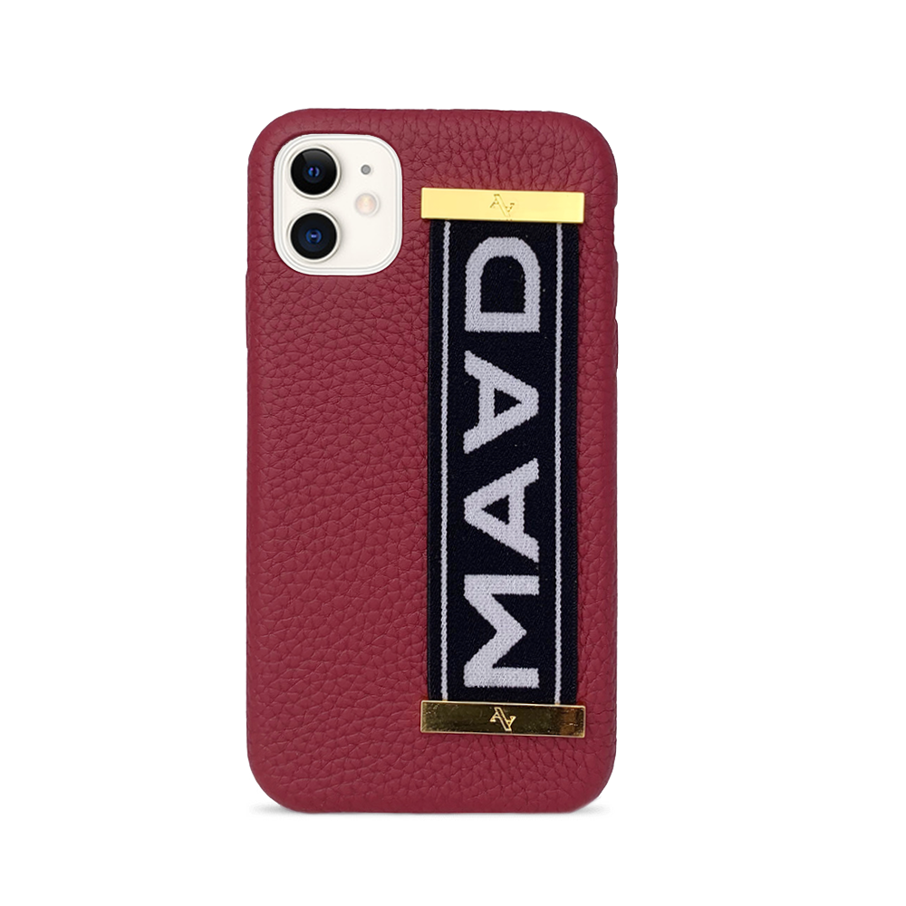 MAAD LVR Red iPhone 11 Case made of genuine pebble leather with an elastic strap, showcasing a stylish red and black design.