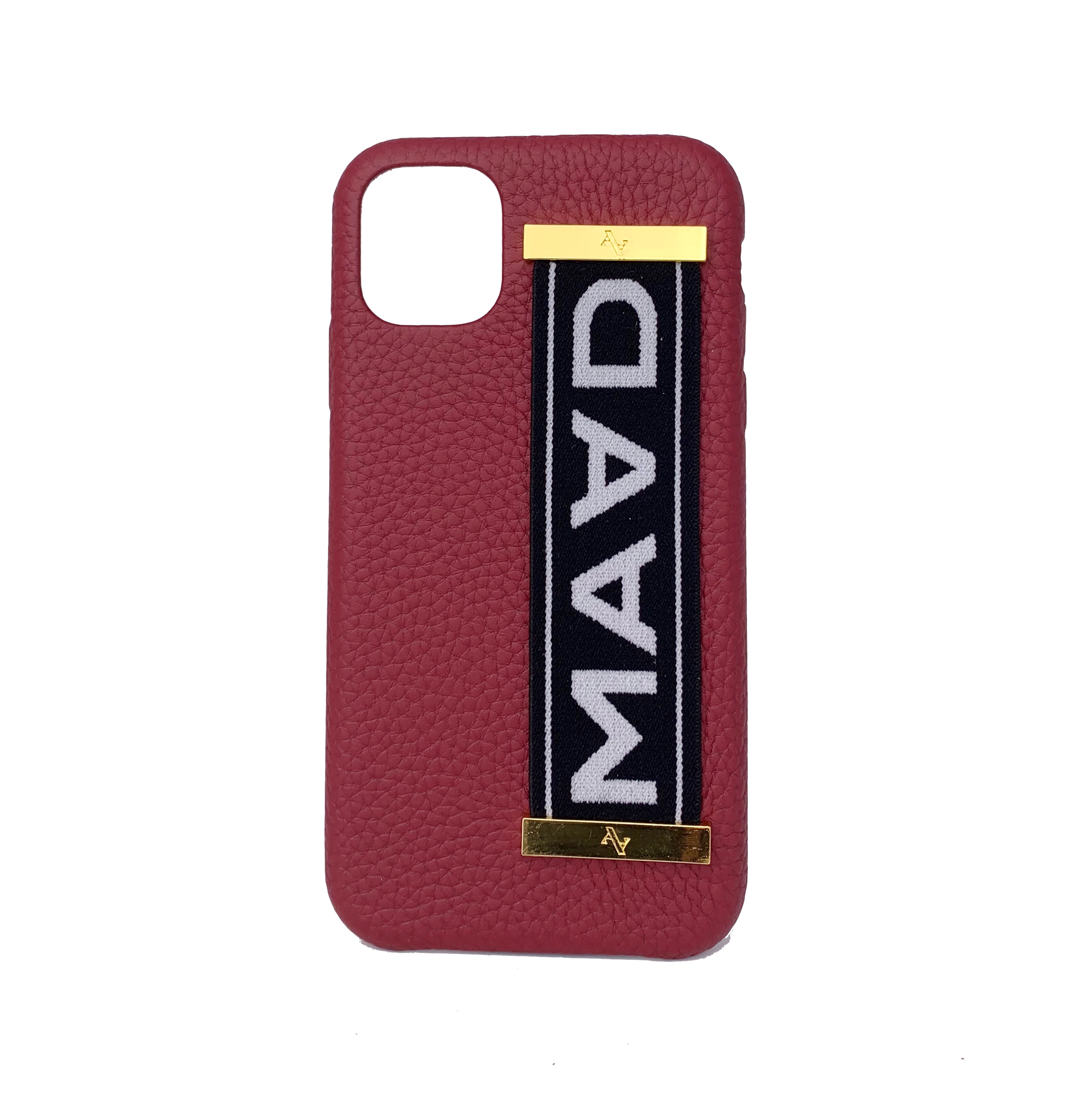 MAAD LVR Red iPhone 11 Case made of genuine pebble leather with an elastic strap, showcasing a stylish red and black design.