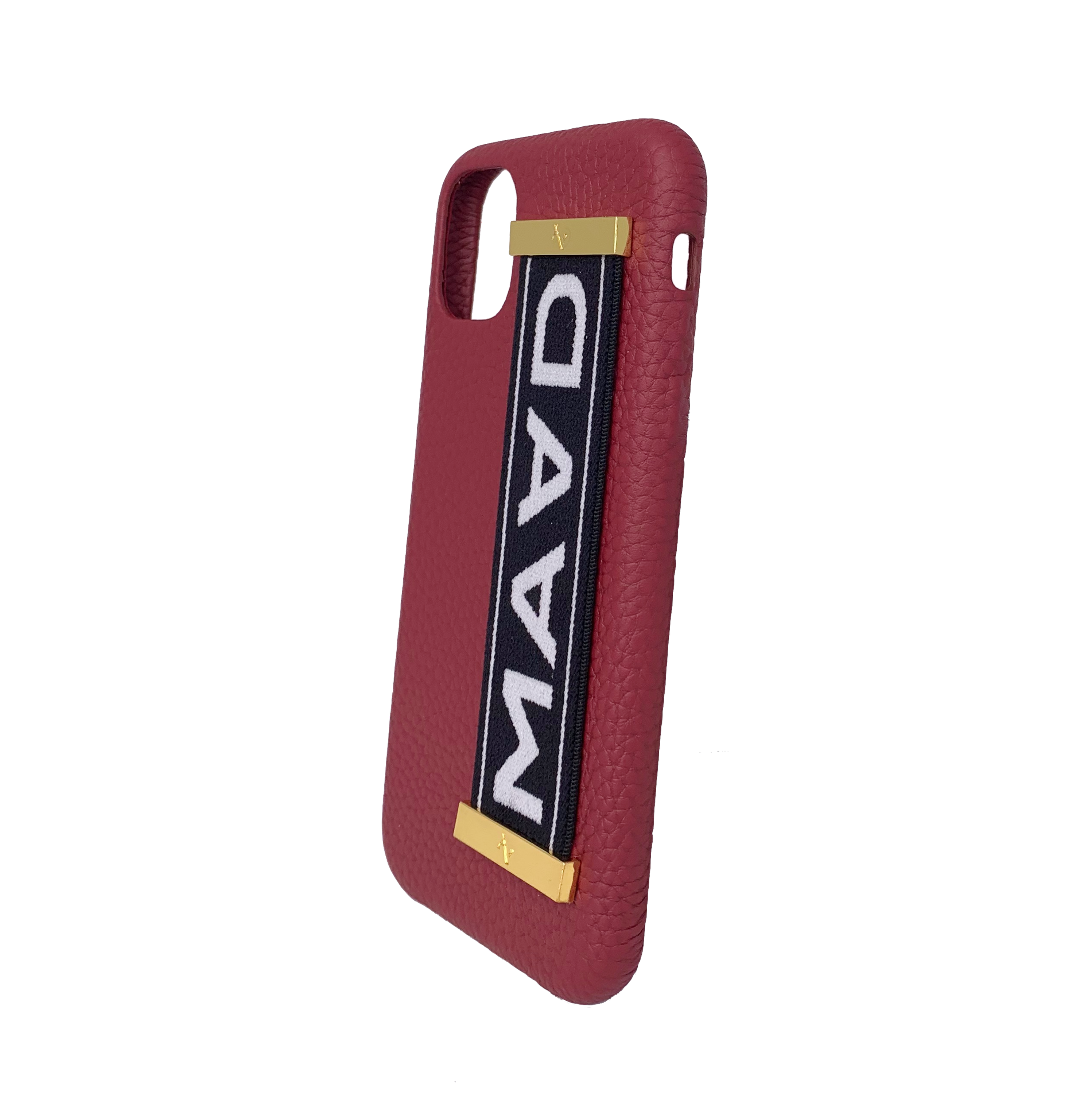 MAAD LVR Red iPhone 11 Case made of genuine pebble leather with an elastic strap, showcasing a stylish red and black design.