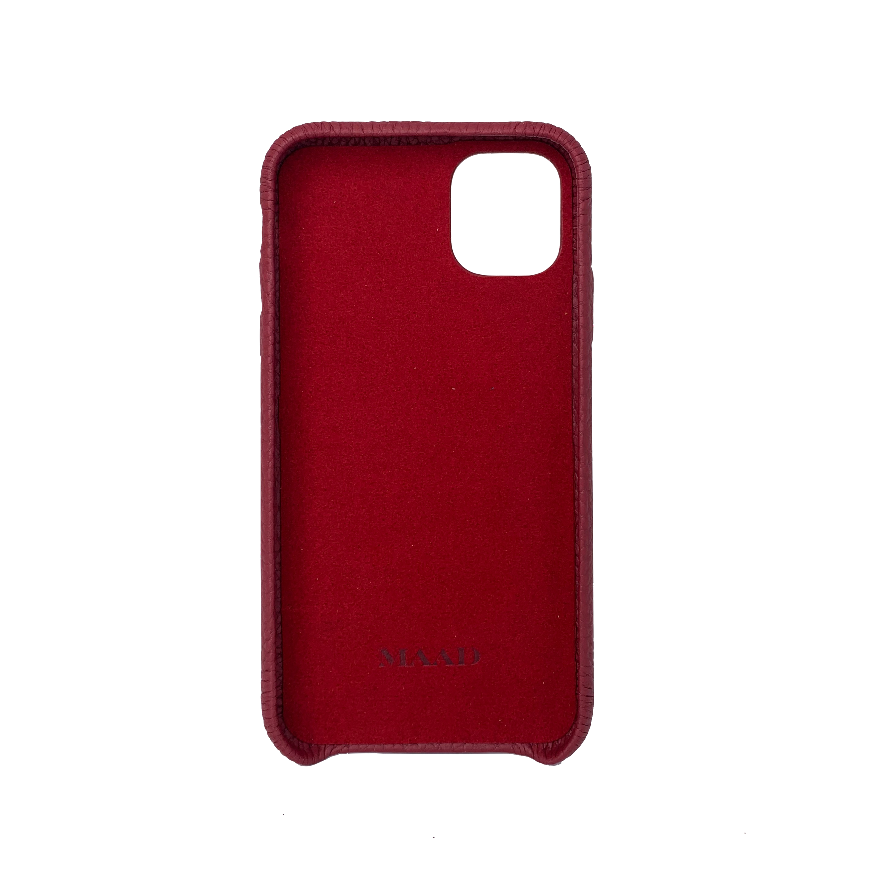 MAAD LVR Red iPhone 11 Case made of genuine pebble leather with an elastic strap, showcasing a stylish red and black design.