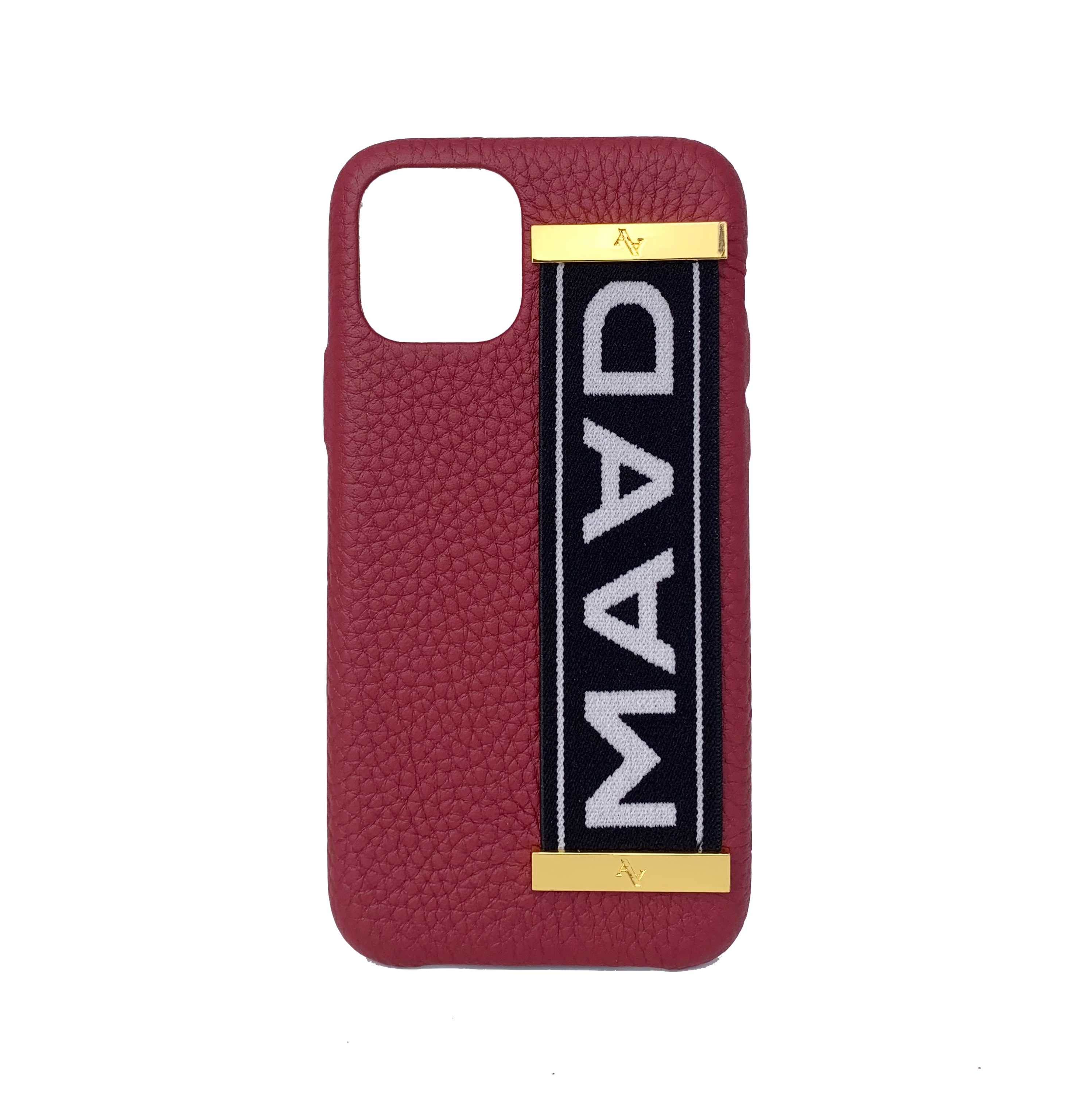 MAAD LVR Red iPhone 11 Pro Case made of genuine pebble leather with an elastic strap for secure carrying.