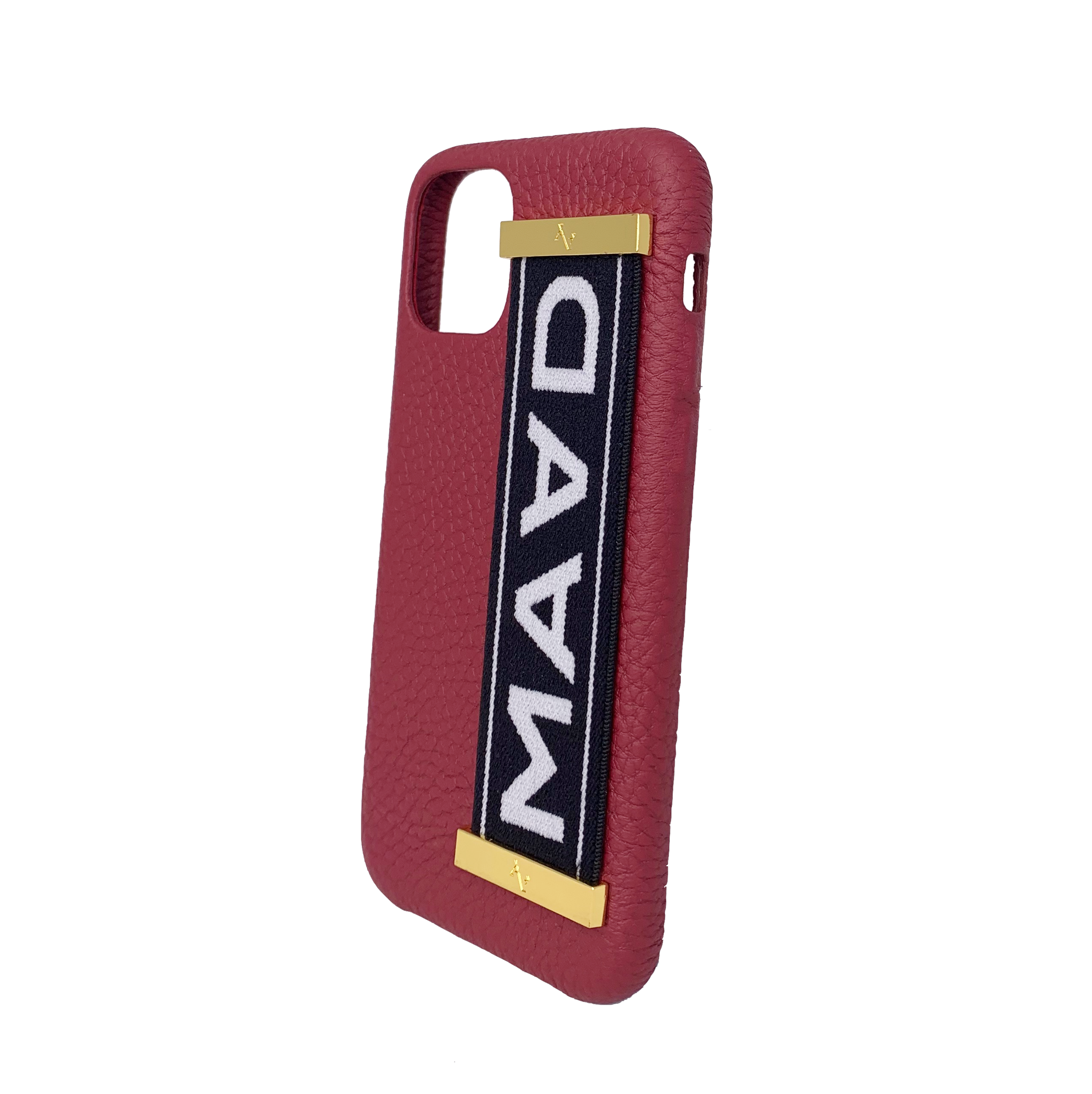 MAAD LVR Red iPhone 11 Pro Case made of genuine pebble leather with an elastic strap for secure carrying.