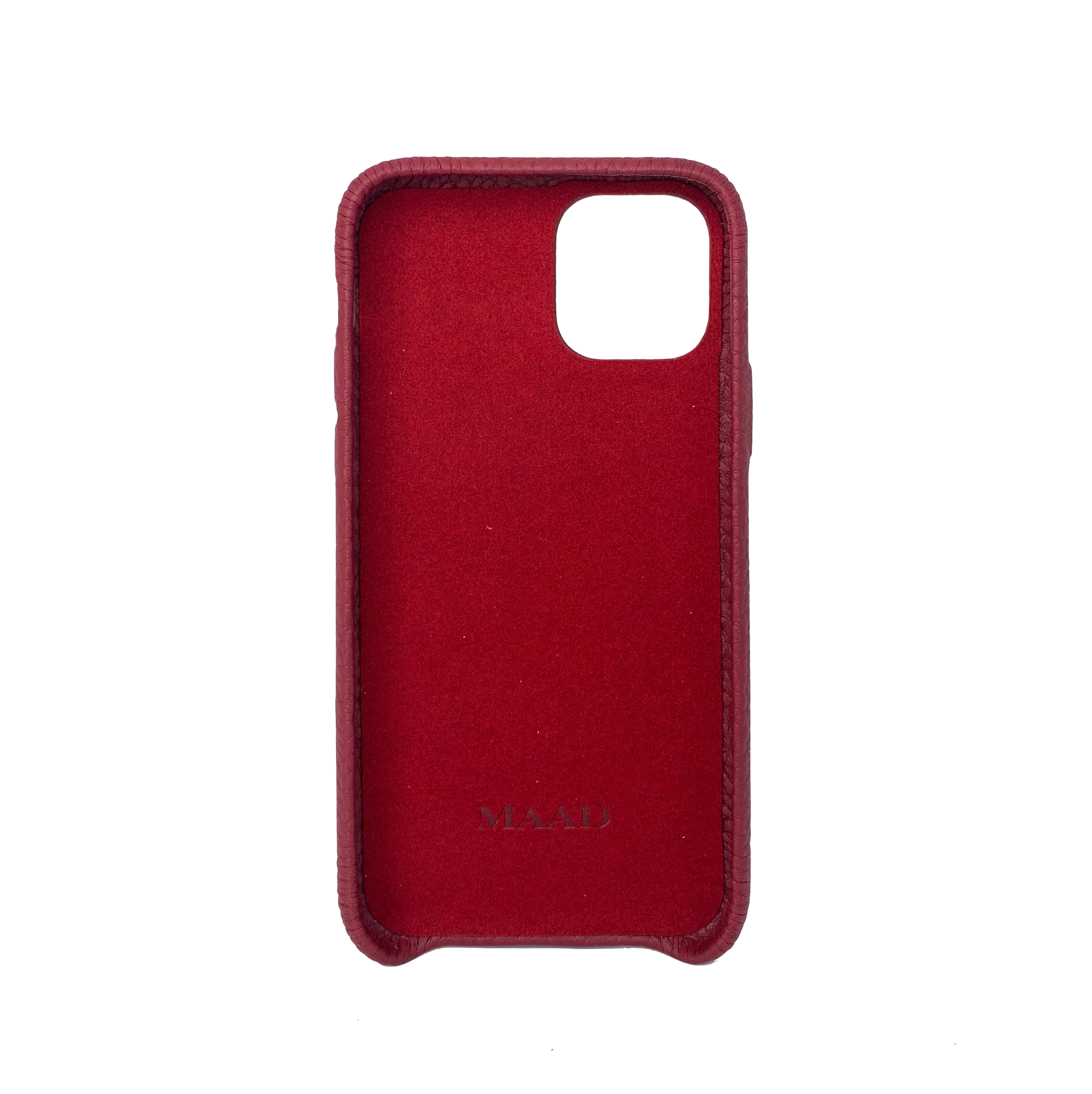 MAAD LVR Red iPhone 11 Pro Case made of genuine pebble leather with an elastic strap for secure carrying.