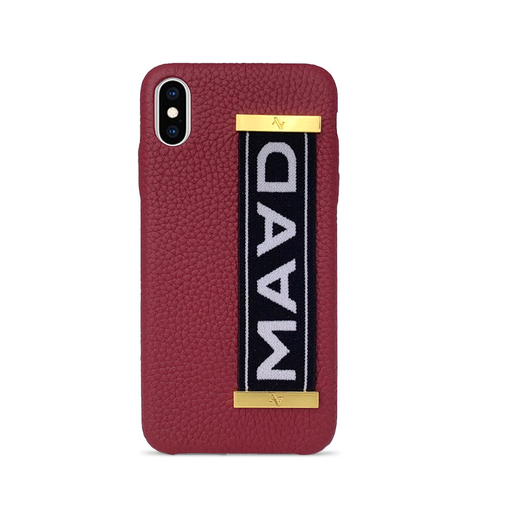 MAAD LVR Red iPhone XS MAX Case made of genuine pebble leather with an elastic strap, showcasing a stylish black and red design.