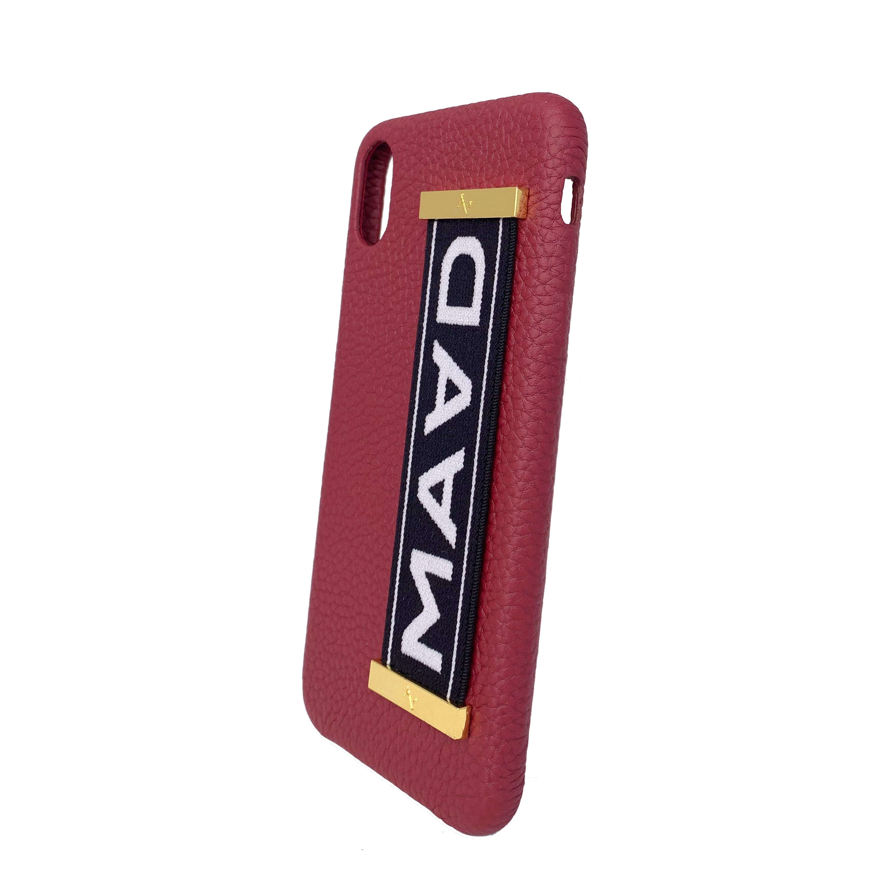 MAAD LVR Red iPhone XS MAX Case made of genuine pebble leather with an elastic strap, showcasing a stylish black and red design.