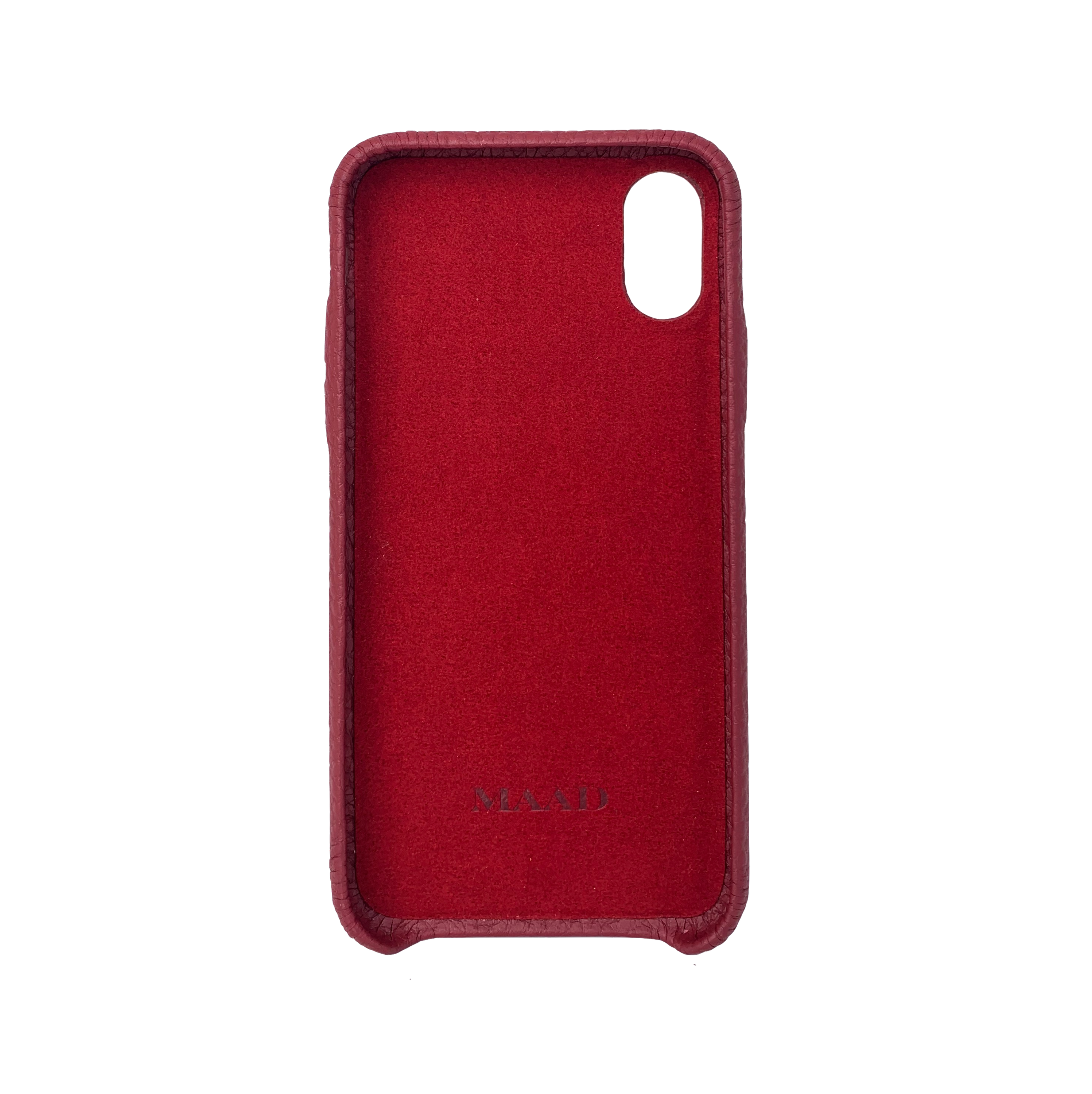 MAAD LVR Red iPhone XS MAX Case made of genuine pebble leather with an elastic strap, showcasing a stylish black and red design.