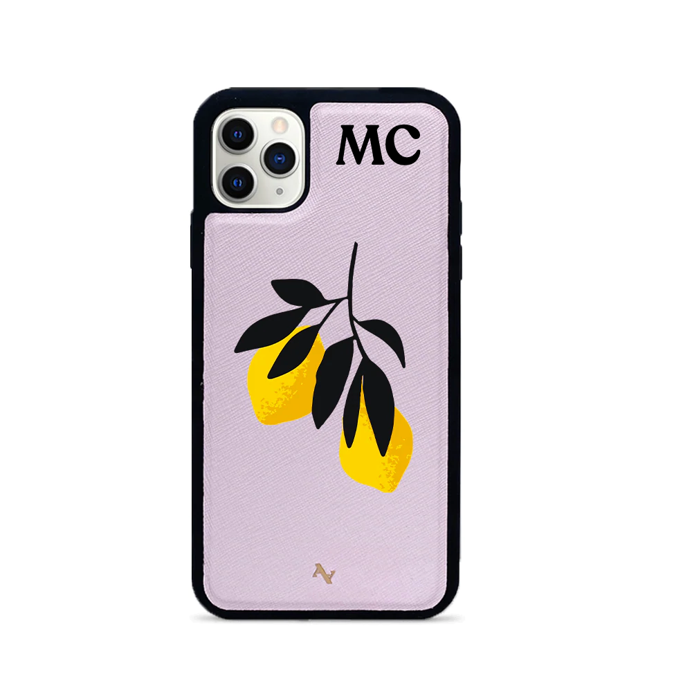 MAAD Pink Lemonade leather case for iPhone 11 Pro Max, featuring a blush color and customizable monogram options.