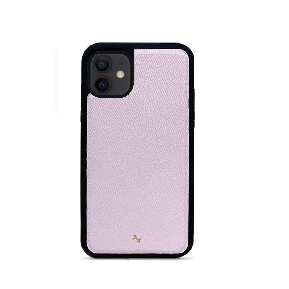 MAAD Pink Lemonade leather case for iPhone 12 Mini, featuring a blush pink color and soft rubber rim for protection.