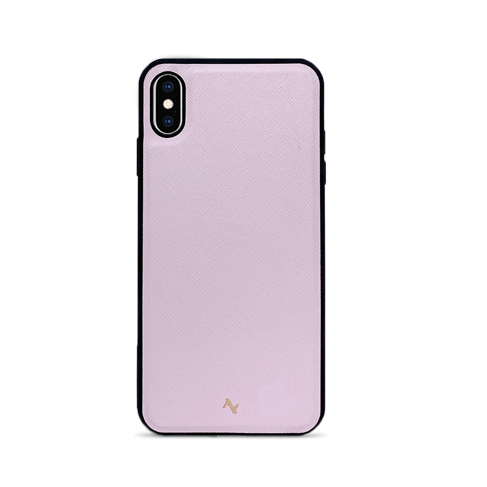 MAAD Pink Lemonade leather case for iPhone XS Max, featuring a blush color and soft rubber rim for protection.