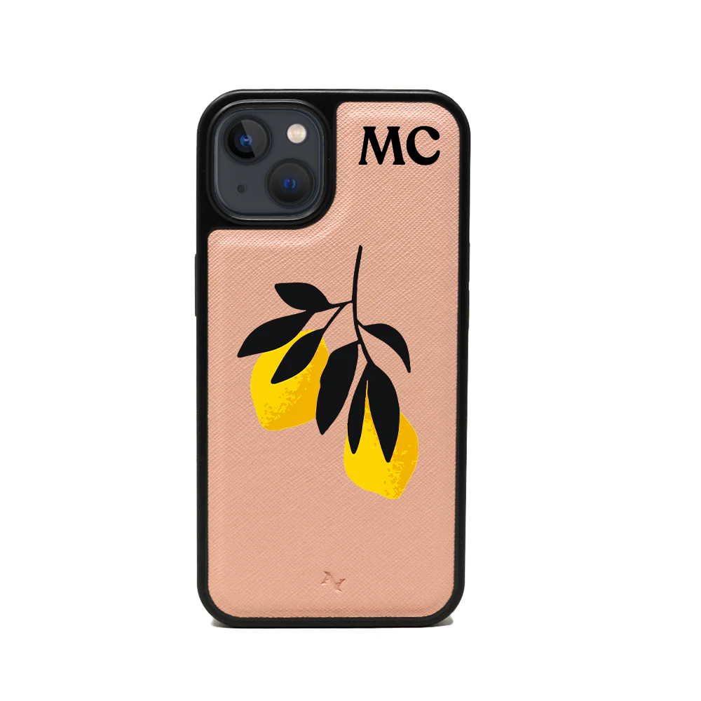 MAAD Pink Lemonade - Nude iPhone 13 Leather Case made of vegan saffiano leather with a soft rubber rim, showcasing personalization options.