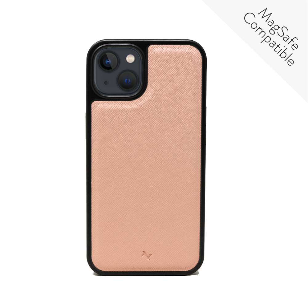 MAAD Pink Lemonade - Nude iPhone 13 Leather Case made of vegan saffiano leather with a soft rubber rim, showcasing personalization options.