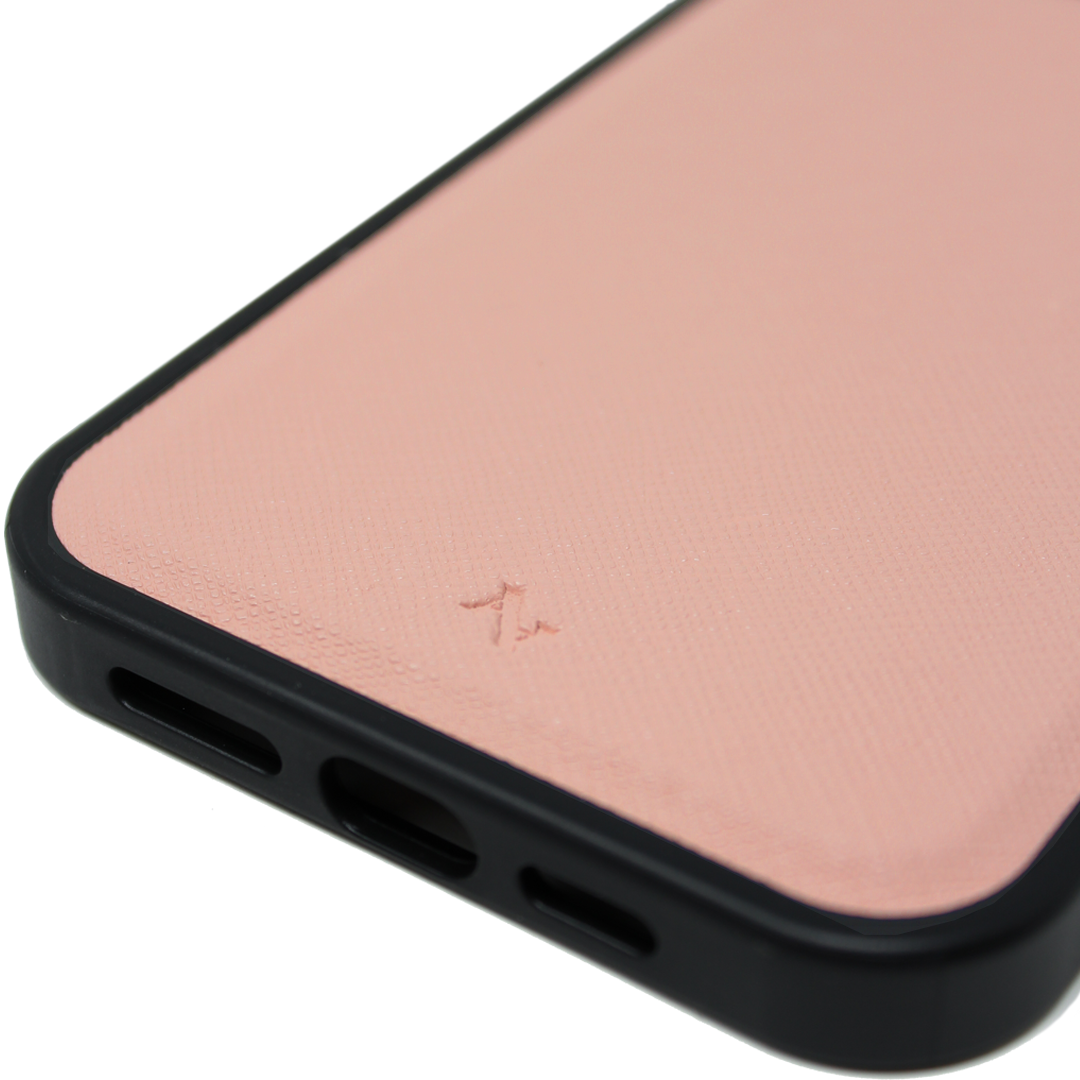 MAAD Pink Lemonade - Nude iPhone 13 Leather Case made of vegan saffiano leather with a soft rubber rim, showcasing personalization options.