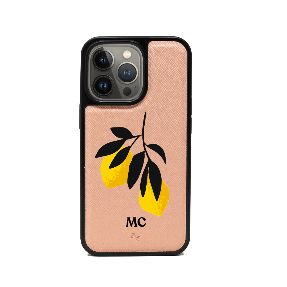 MAAD Pink Lemonade - Nude iPhone 13 Pro Leather Case featuring vegan saffiano leather and soft rubber rim for protection.