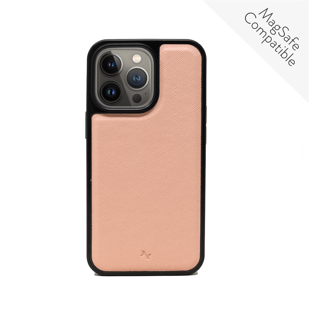 MAAD Pink Lemonade - Nude iPhone 13 Pro Leather Case featuring vegan saffiano leather and soft rubber rim for protection.