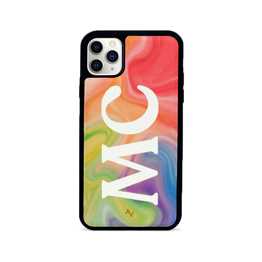 Colorful MAAD Pride iPhone 11 Pro Max case made of vegan saffiano leather with a soft rubber rim, showcasing personalization options.