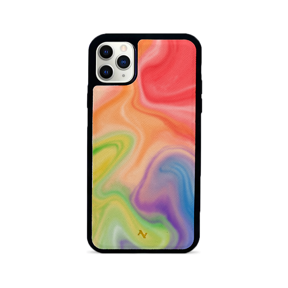 Colorful MAAD Pride iPhone 11 Pro Max case made of vegan saffiano leather with a soft rubber rim, showcasing personalization options.