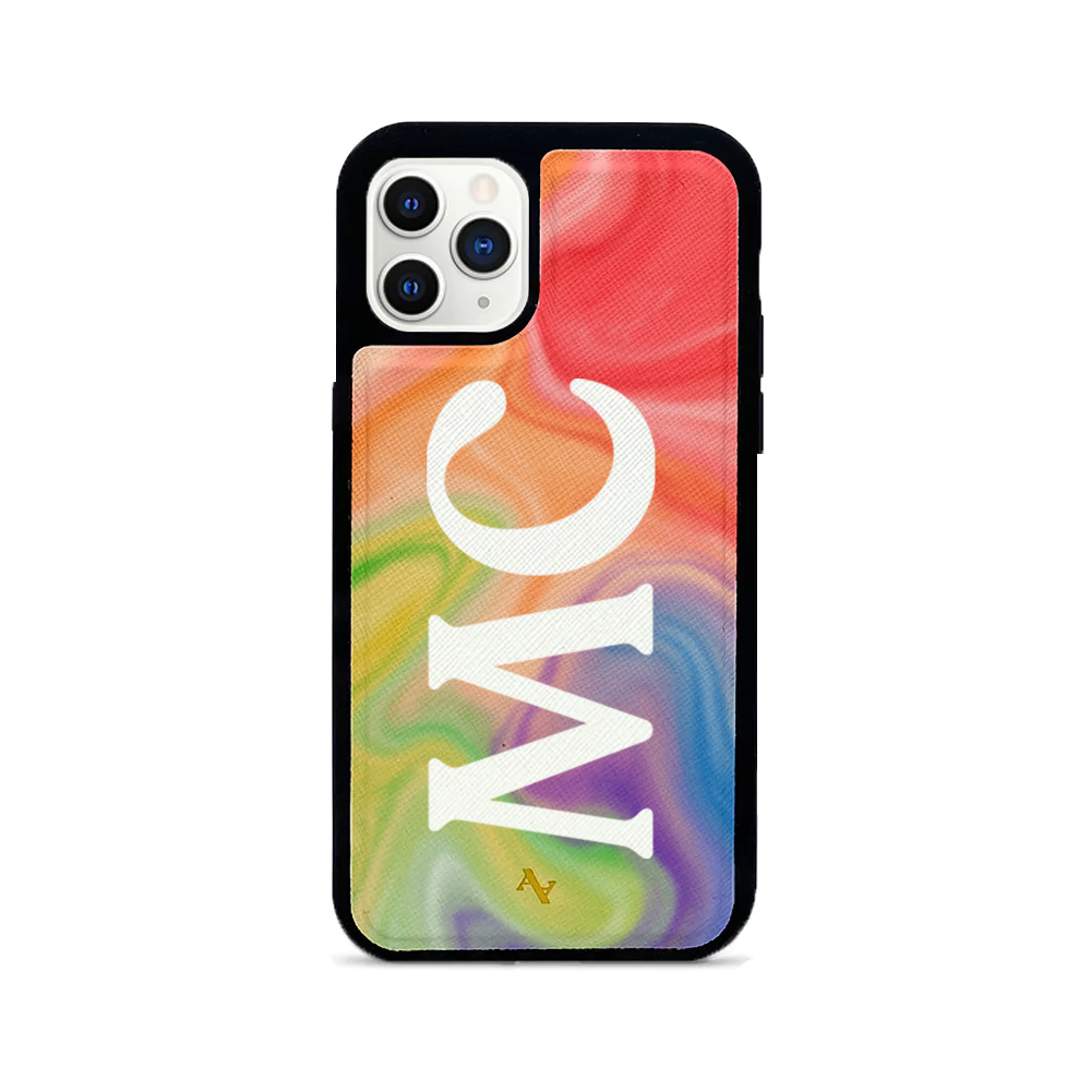 Colorful MAAD Pride iPhone 11 Pro case made of genuine saffiano leather with a soft rubber rim, showcasing personalization options.