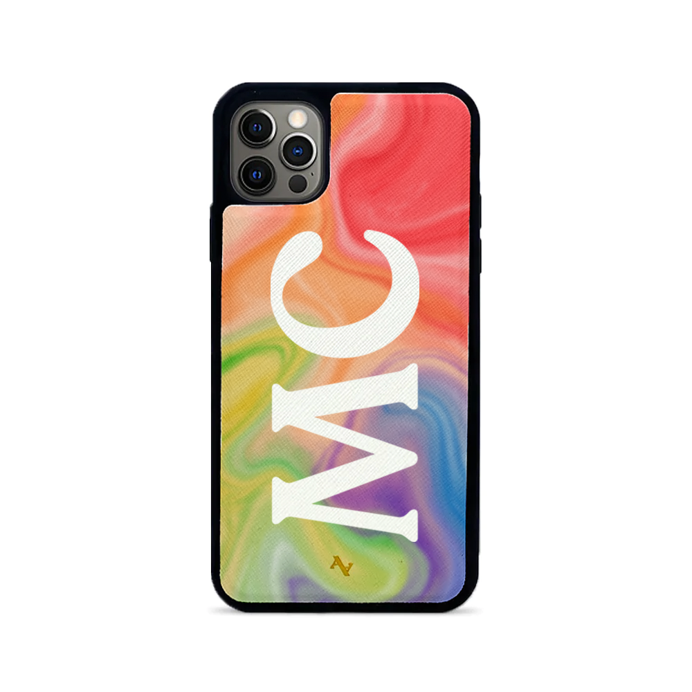 Colorful MAAD Pride iPhone 12 Pro Max case made of vegan saffiano leather with a soft rubber rim, showcasing personalization options.