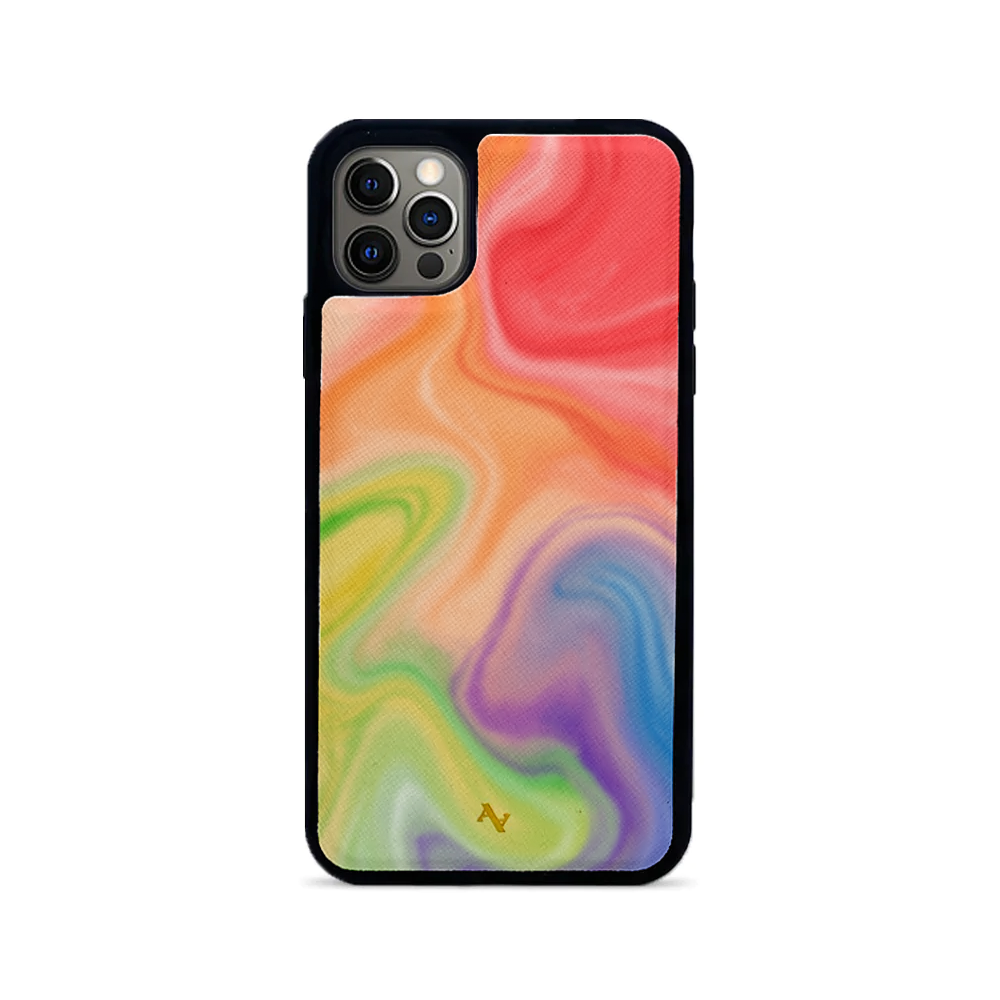 Colorful MAAD Pride iPhone 12 Pro Max case made of vegan saffiano leather with a soft rubber rim, showcasing personalization options.