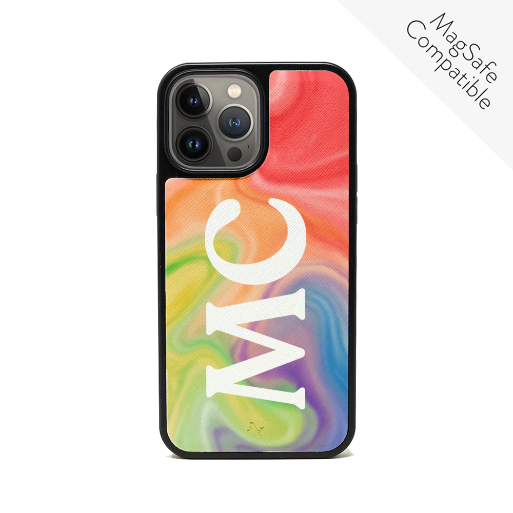 Colorful MAAD Pride iPhone 13 Pro Max case made of vegan saffiano leather with a soft rubber rim.