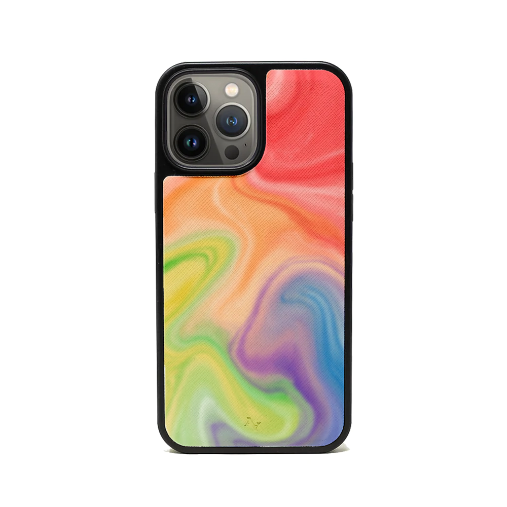 Colorful MAAD Pride iPhone 13 Pro Max case made of vegan saffiano leather with a soft rubber rim.