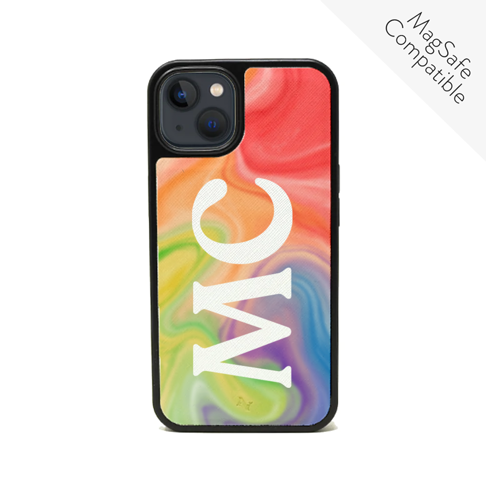 Colorful MAAD Pride iPhone 13 case made of vegan saffiano leather with a soft rubber rim, showcasing personalization options.